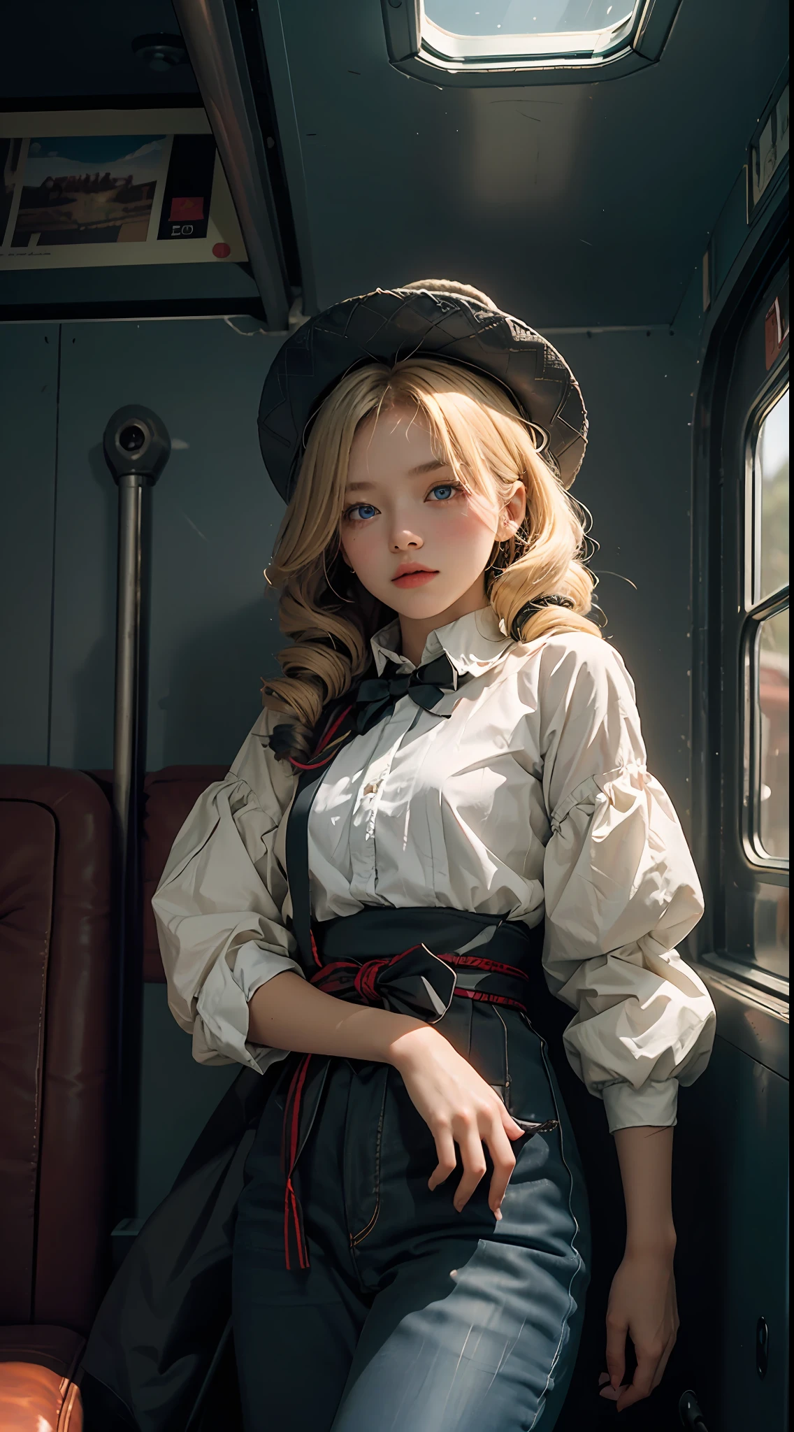 best qualit，Jeizuo，resoulution ultra-Highresolution，（fidelity：1.4），Original photo，Western cowboy hat，sash，Steam trains，1 little girl,6 years old，Film Lighting，(((twin drills))),blond hair，Blue eyes，