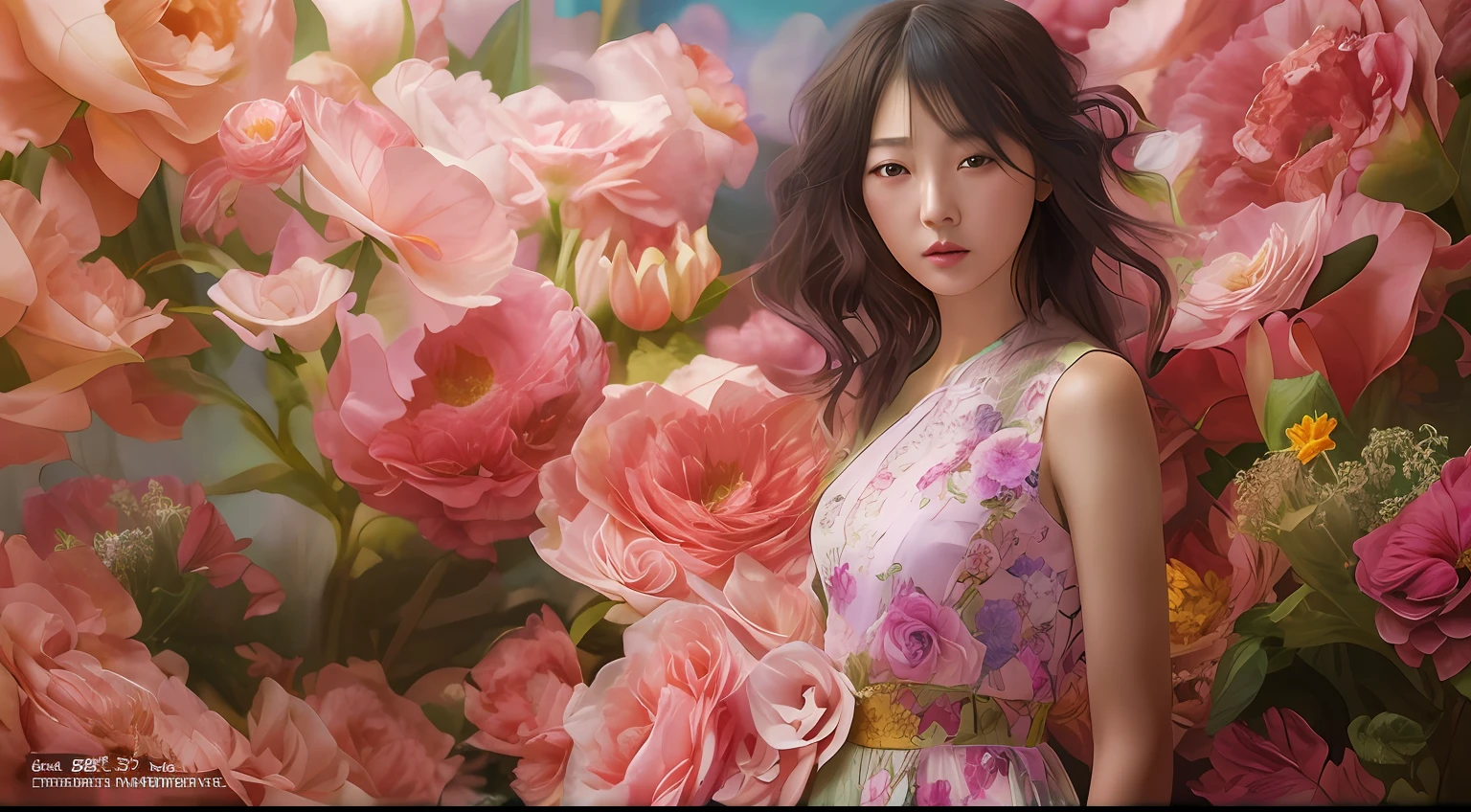 there is a woman standing in front of a painting of flowers, flower storm portrait, korean artist, jingna zhang, Official artwork, woman in flowers, portrait shot, artgerm and james jean, beautiful portrait image, beautiful portrait photo, 8k artistic portrait photography, airbrush digital oil painting, james jean and wlop, beauty campaign, official illustration