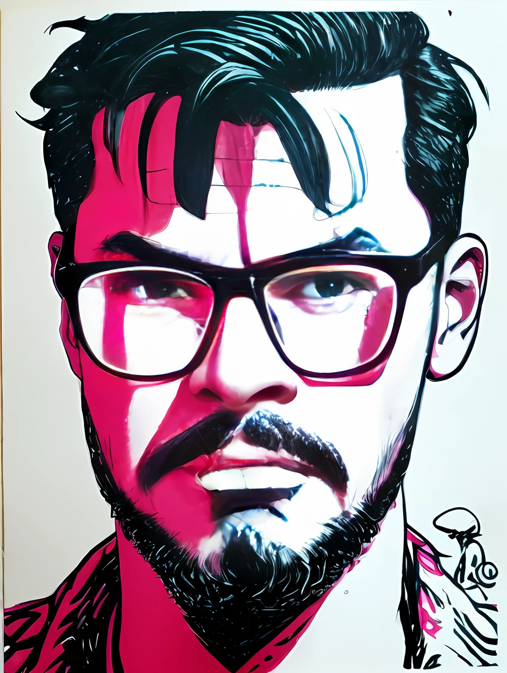 guttonerdvision6, arte, Estilo Fortnite, cartaz retrato, (fundo branco)), Man in glasses. Estilo respingo de tinta Coloful, contorno, hiperdetalhado intrincadamente detalhado, Motor irreal, fantastical, detalhes intrincados, tela inicial, cores complementares, artee conceitual de fantasia, 8K resolution, deviantartemasterpiece, oil painting, Golpes pesados, gotejamento de tinta,artees de salpicos