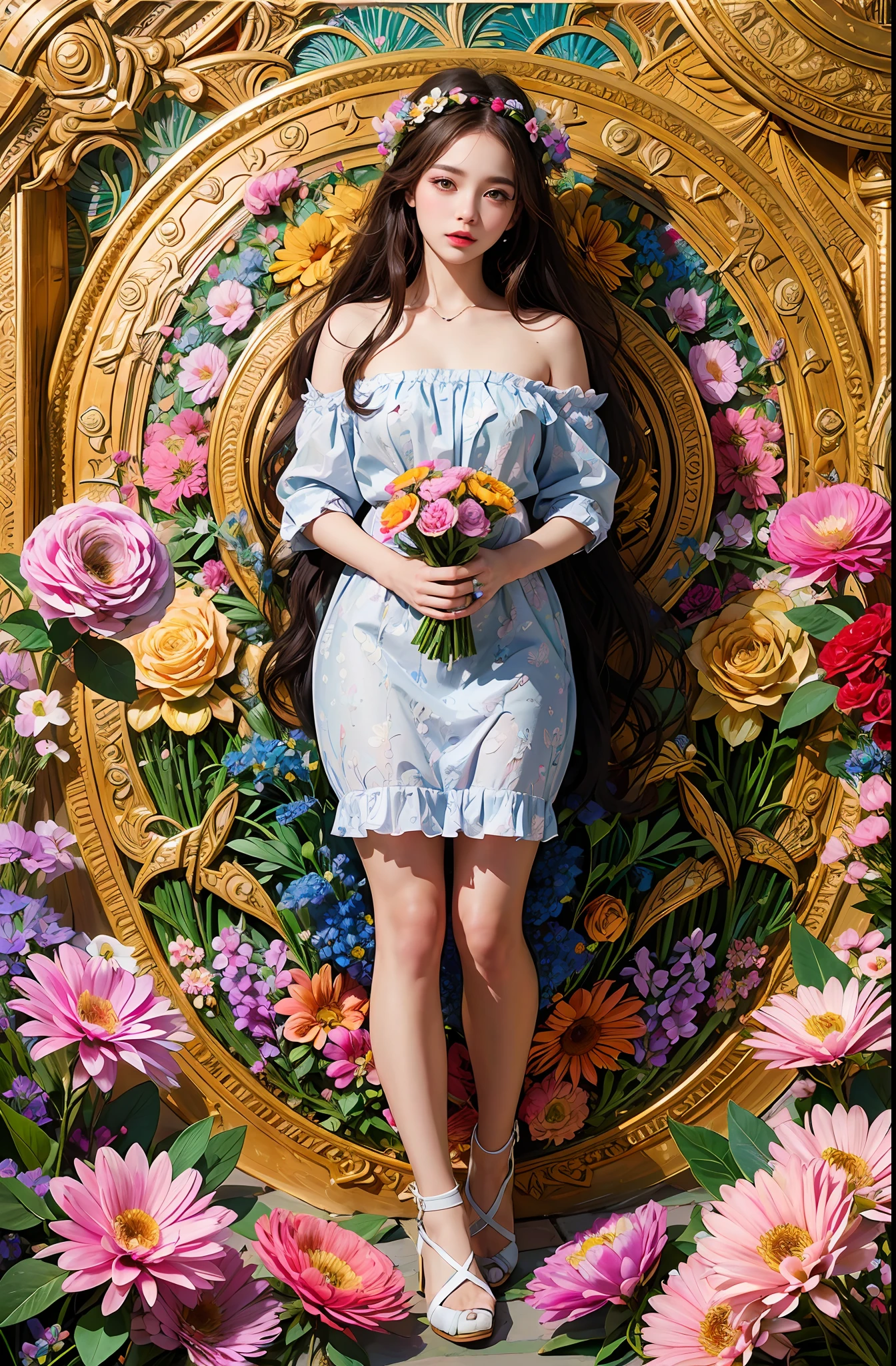 (ultra-detailed background, vintage flowers background), absurdres, highres, ultra detailed, extremly detailed, 1girl, (bunch of flowers:1.3), (zentangle:1.2), (geometric:1.2),(colorful), full body