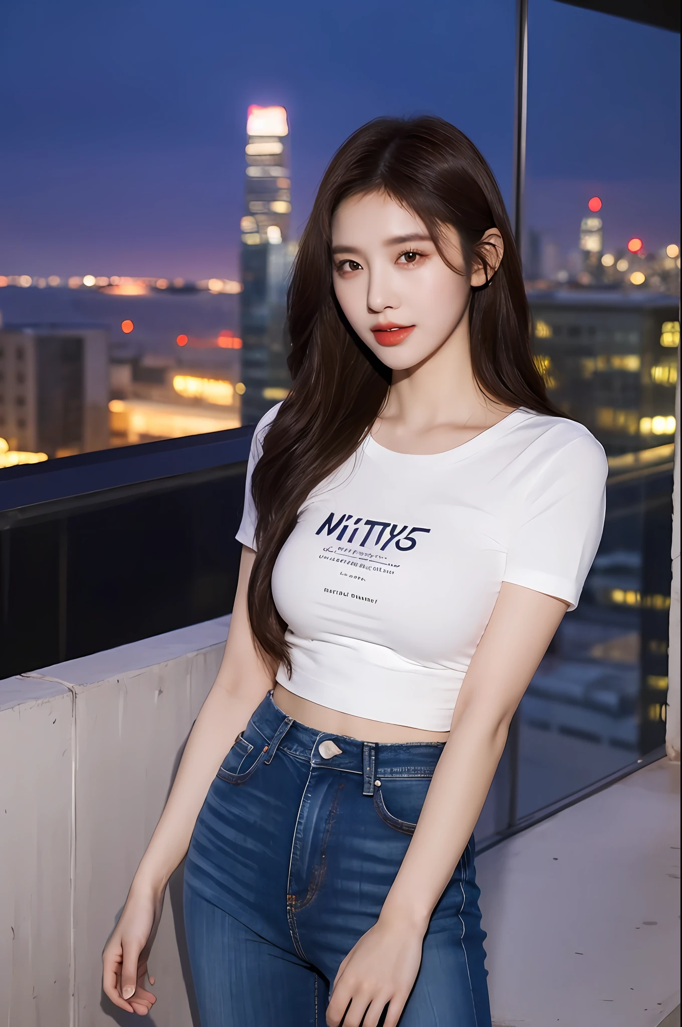 ((Midnight, Best quality, 8k, Masterpiece :1.3)), Whole body, Long legs, Sharp focus :1.2, A pretty woman with perfect figure :1.4, Slender abs :1.1, ((Dark brown hair, Big breasts :1.2)), (White tight tshirt, Jean bib, Standing:1.2), ((Night city view, Rooftop:1.3)), Highly detailed face and skin texture, Detailed eyes, Double eyelid