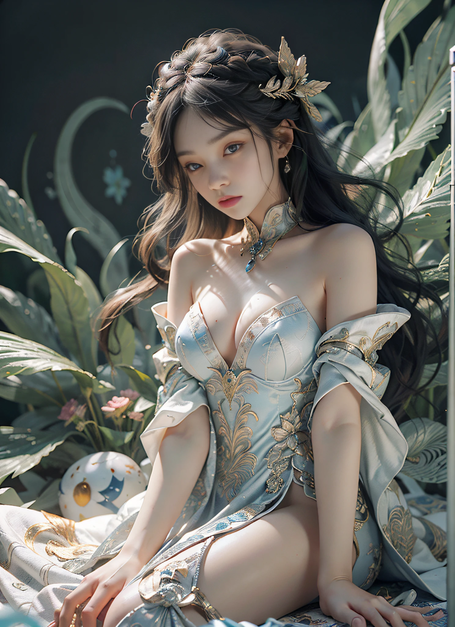 girls, 18 years-old, Large breasts, wearing white dress, flowing robe, Exquisite dress decoration, Floating hair, Glowing hair, hairaccessories, light on face, Intricate magic circles, Glowing runes, A flashing halo, Strong focus, Arcane spells, Crackling energy, Suspended artifacts, Ethereal staff, Swirling mist, Sparkling dust, Mysterious crystals, Glowing symbol, Complex hand movements, Otherworldly chanting, Mysterious symbol, Powerful summoning, Transcendental consciousness, Phoenix dress, (Underwater:1.8), (White dress, rainbow hair:1.55), (((blister, colorful fish, Beautiful coral life))), (Detailed fabrics, detailed ornaments:1.4), fantastical, The hairstyle model is braids by side, The posture is the lying down position, Sharp green, The shooting angle is RIM lighting, The time is Rim Light, BREAK is ultra-realistic, Complex design, insane detail, Extremely fine details, Extremely clear lines,Film Lighting,photo realistic,Detailed drawings by Esao Andrews and Anton Fadeev,Original photo,highdetail,8K,Ultrahigh definition,digital DSLR camera,softlight,hdr,Warm light,high quailty,Film grain,Fujifilm XT3,Lifelike,Jeizuo,best qualit,Ultra detail,8K,Warm light,Soft illumination,Jeizuo,best qualit,detailded,Maximum quality,Ultra detail,high res,Movie light,Splendid and colorful, Out of focus, RAW photos, Artistic portrait, absurdes, High contrast, colourful, highest detailed,big thighs