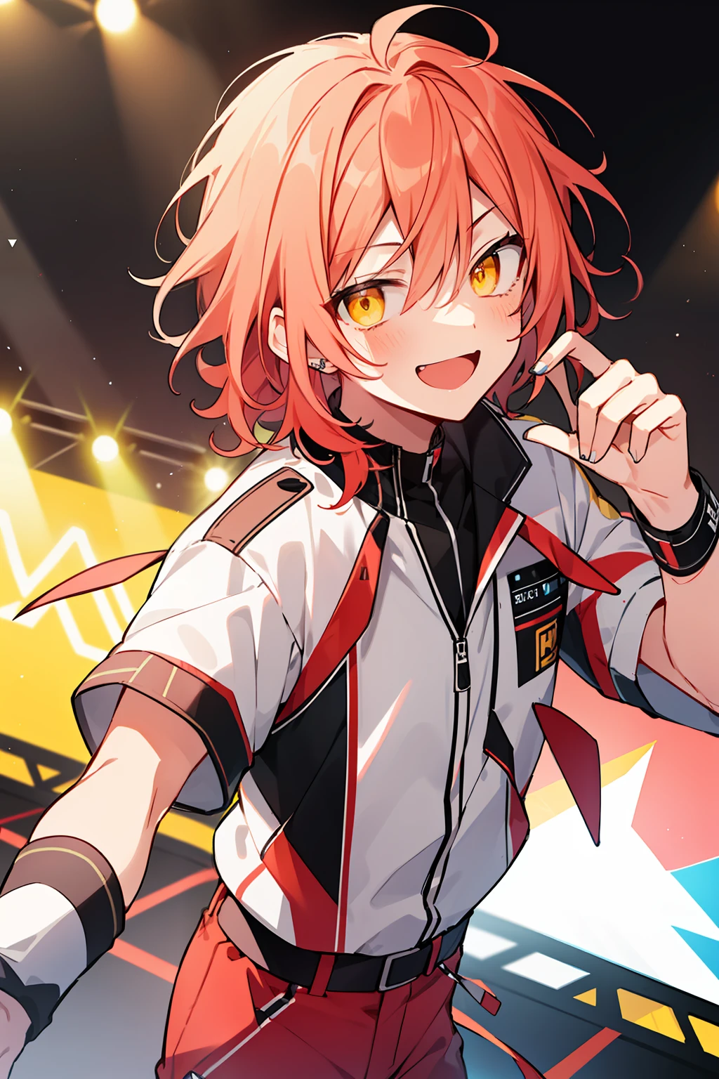 (high-quality, breathtaking),(expressive eyes, perfect face), 1boy, male, solo, short, young boy, curly peach pink hair, yellow eyes, smile, neon red cyber outfit, pants, on stage, spotlight