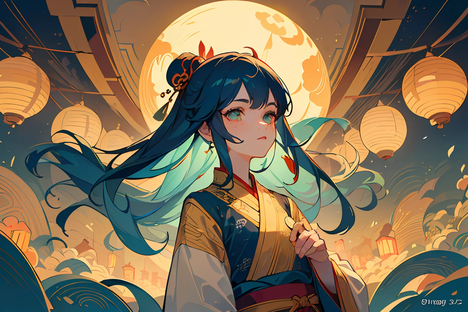(((Masterpiece)), ((Ultra Detailed)), ((Best Quality)), Beautiful Detailed Eyes, Detailed Face, Best Lighting, Best Shadow, Ancient Chinese Girl Dressed in Hanfu,Rhyme, ((Classic Disney Style, Edge Lighting, Flat 2D Style, Disney 2D)), ((The main colors are yellow and red)), Huge Ingot, (Girl Inside Ingot:1.5), Gold Coin Island, Lantern Paradise, Orange Lantern ,World made of lanterns,Traditional ancient architecture, Freckles, Cold nose, Paper fan, commercial illustration, (highly detailed), vortex effect,
