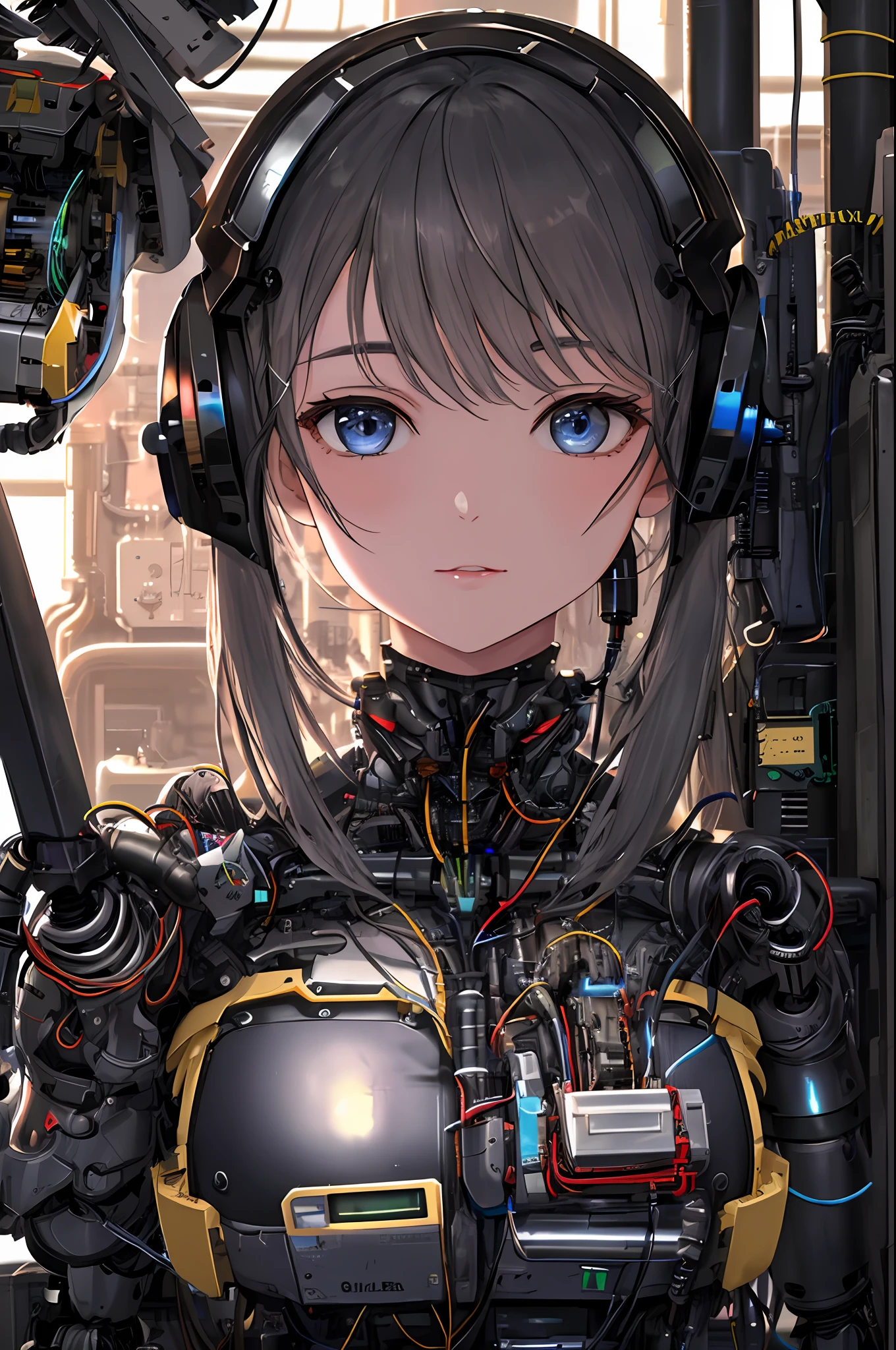 Top quality, masterpiece, intricate details, super detailed, highly detailed 8K wallpaper, machine girl, (beautiful face), in production, semi-made machine body, machine limbs, whole body, (removed mechanical limbs), fully mechanized of the lower body, working robot arm, cable connected to the head, cable connected to the body, electronic circuit, factory,