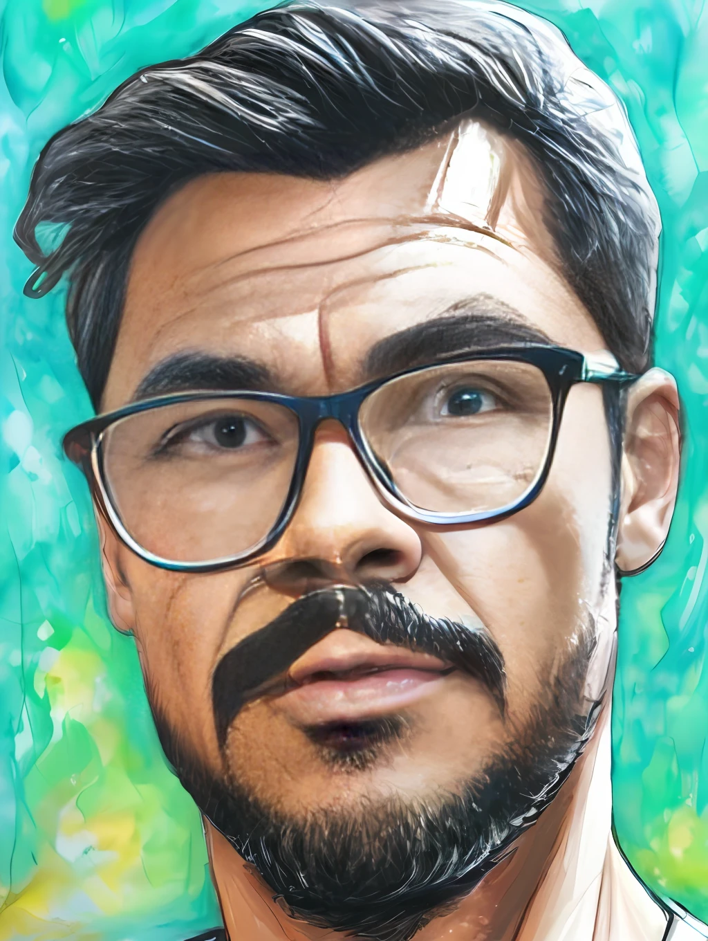 guttonerdvision6, arte, Estilo Fortnite, cartaz retrato, (fundo branco)), Man in glasses. Estilo respingo de tinta Coloful, contorno, hiperdetalhado intrincadamente detalhado, Motor irreal, fantastical, detalhes intrincados, tela inicial, cores complementares, artee conceitual de fantasia, 8K resolution, deviantartemasterpiece, oil painting, Golpes pesados, gotejamento de tinta,artees de salpicos