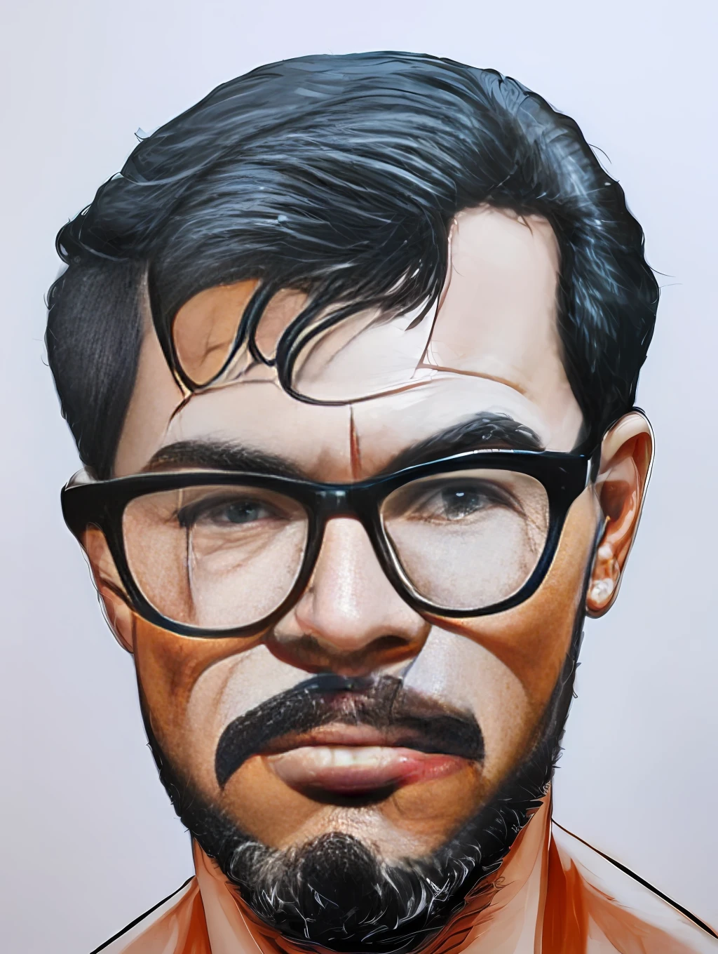 guttonerdvision6, arte, Estilo Fortnite, cartaz retrato, (fundo branco)), Man in glasses. Estilo respingo de tinta Coloful, contorno, hiperdetalhado intrincadamente detalhado, Motor irreal, fantastical, detalhes intrincados, tela inicial, cores complementares, artee conceitual de fantasia, 8K resolution, deviantartemasterpiece, oil painting, Golpes pesados, gotejamento de tinta,artees de salpicos