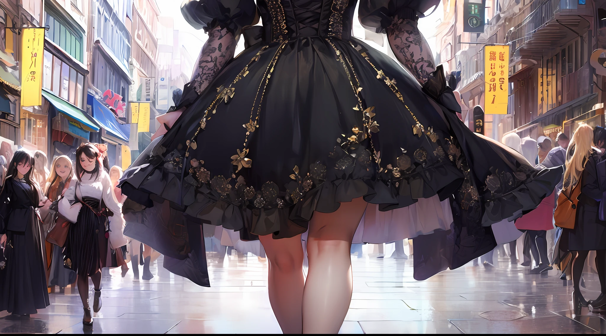 Ulzzang-6500-v1.1, (Original photo:1.2), (Lifelike:1.4), Beautiful and delicate Japanese girl, Very detailed eyes and face, beautifuldetailedeyes,Slim_Legs, Slim_hip, absurdes, Incredibly ridiculous, huge filesize, Super detailed, high res,Jeizuo,best qualit,Intricate details,highdetail,Clear focus,Detailed skin,photorealistic skin texture,texture, ((Wear a short Gothic dress,boot)), illustartion, RAWExtremely detailed, CG, unity, 8k wallpaper, striking, detalhes finos, Jeizuo, the best quality t,an ultra realistic, Photo realism, 8k uhd, Very detailed CG unified 8K wallpaper,Low-angle lens, light on face, Cinematic Lights, 1girle, Age16, all body,Long black curly hair,European medieval street background on left, (crowds:1.2),((dinamic pose:1.4))), ((all body,Strike seductive poses))),