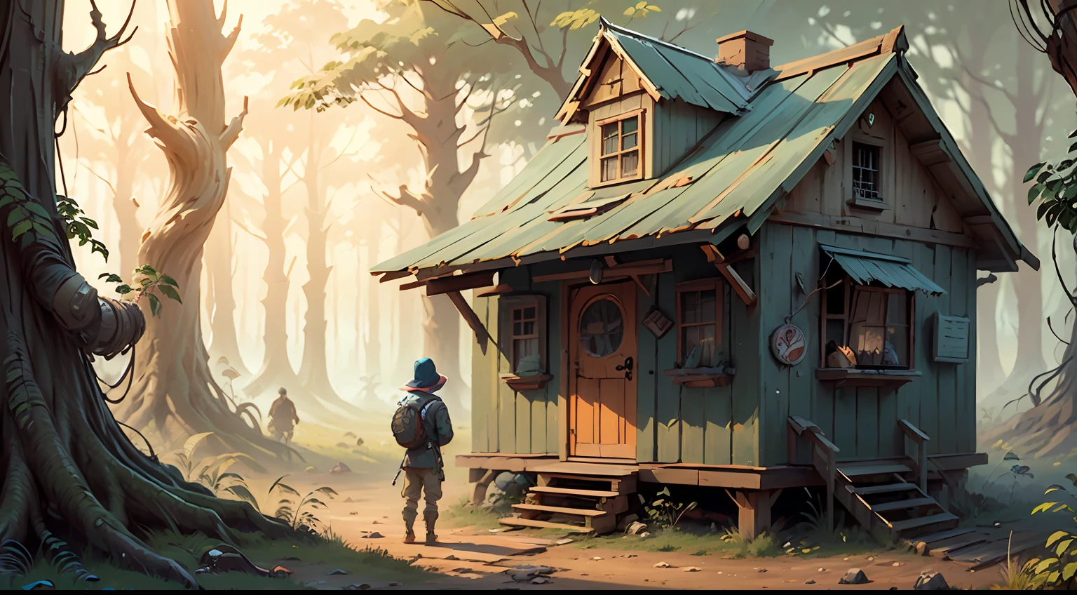 a boy standing in front of a hut in the woods, a storybook illustration by Ismail Inceoglu, featured on deviantart, environmental art, digital art, storybook illustration --auto