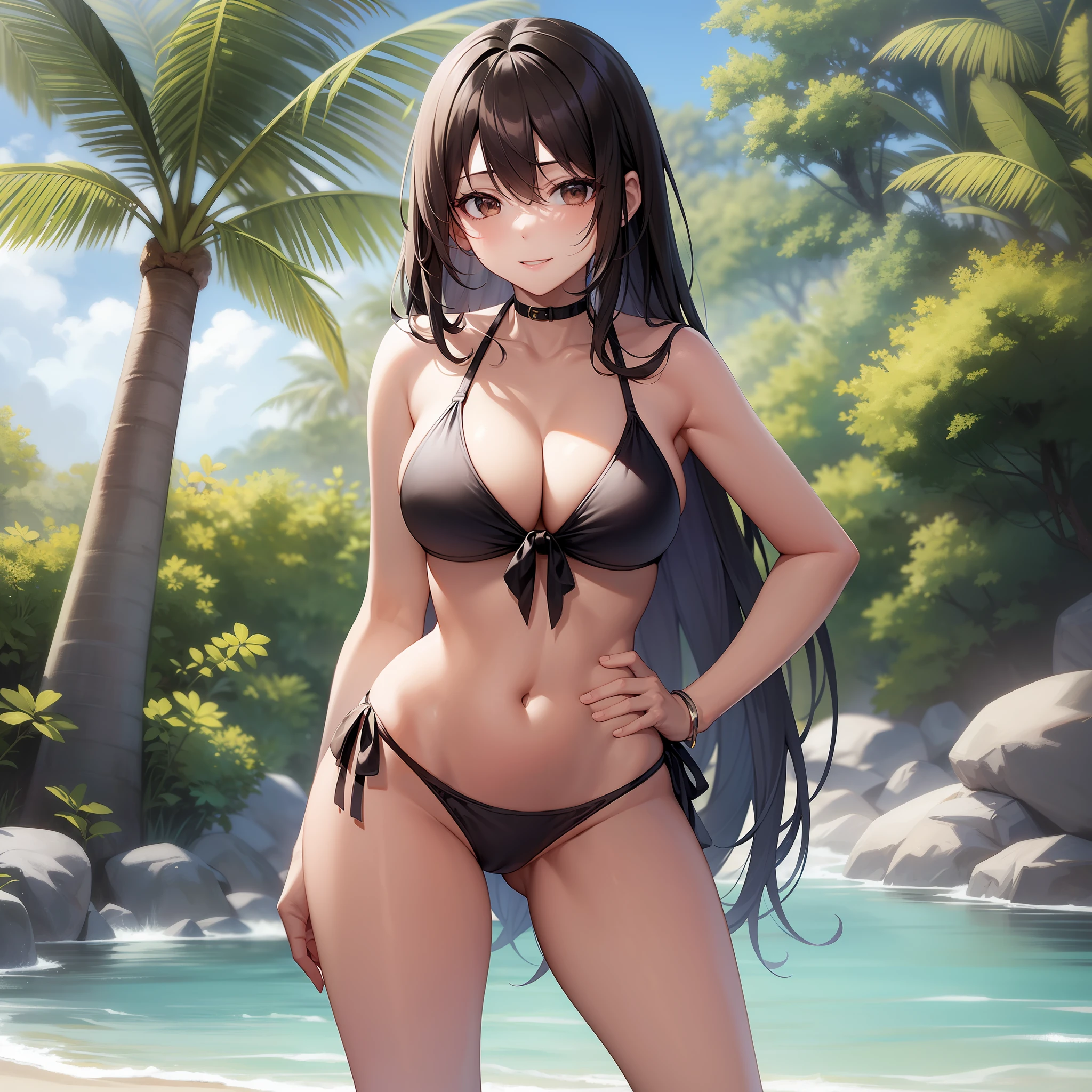 woman with long black hair and brown eyes, she wears a cute and sexy bikini. happy, cute, located on a beach, standing, leaning forward and hand on hip pose