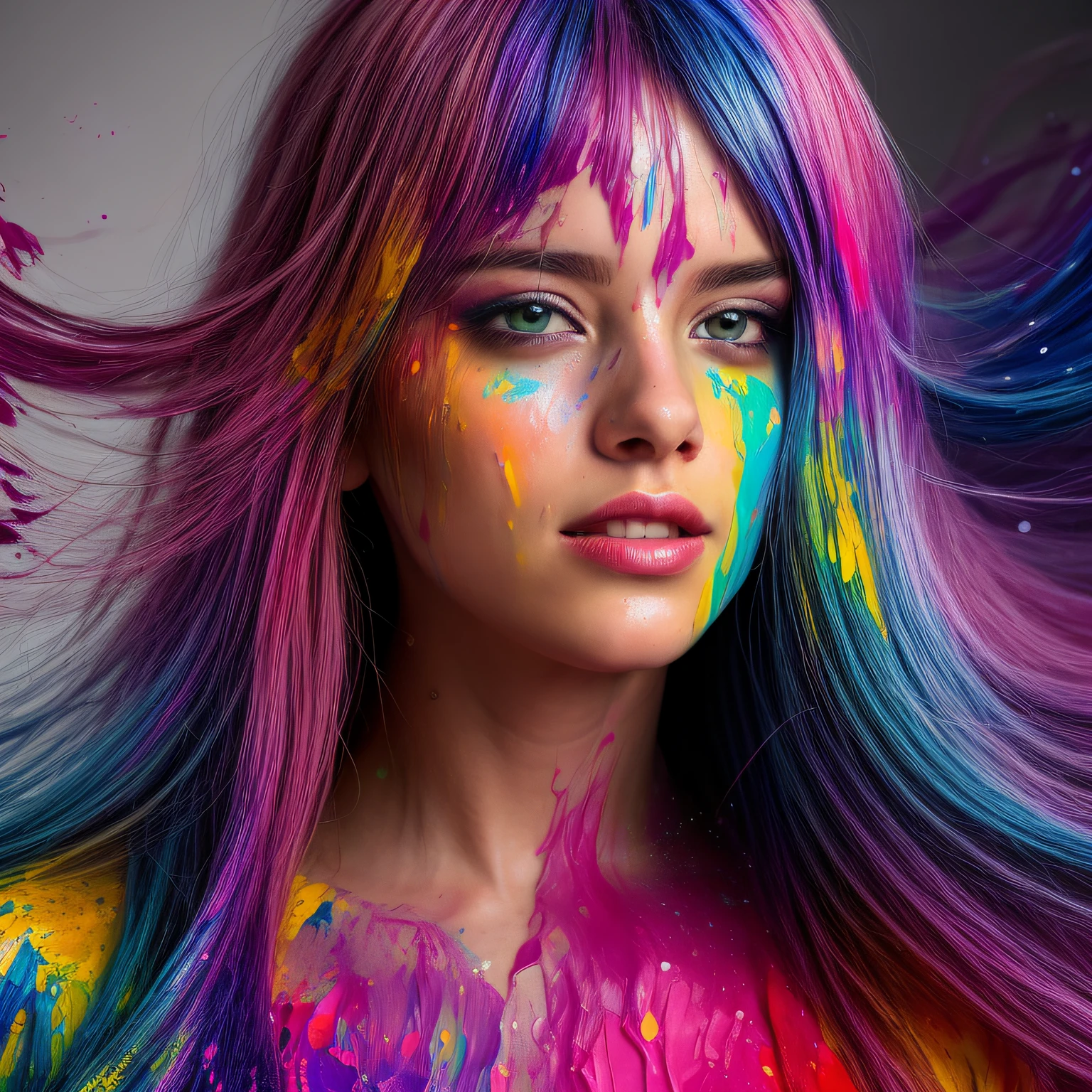 (level difference:1.8),(Paint colliding and splashing on the canvas),(depth of field),1girl's side face blends into it,(side face),open mouth,(liquid paint rainbow hair:1.1) made of paint and defies gravity,thick flowing,(paint splatter:1.3),Liquid state,stunningly beautiful, masterpiece, detailed background,ultra high quality model, ethereal background,abstract beauty, explosive volumetric, oil painting,heavy strokes,Romantic lighting,Sub-Surface Scatterring,lens 135mm,f1.8,glow,8k,high resolution, dreamy,ray tracing,hdr,god rays,