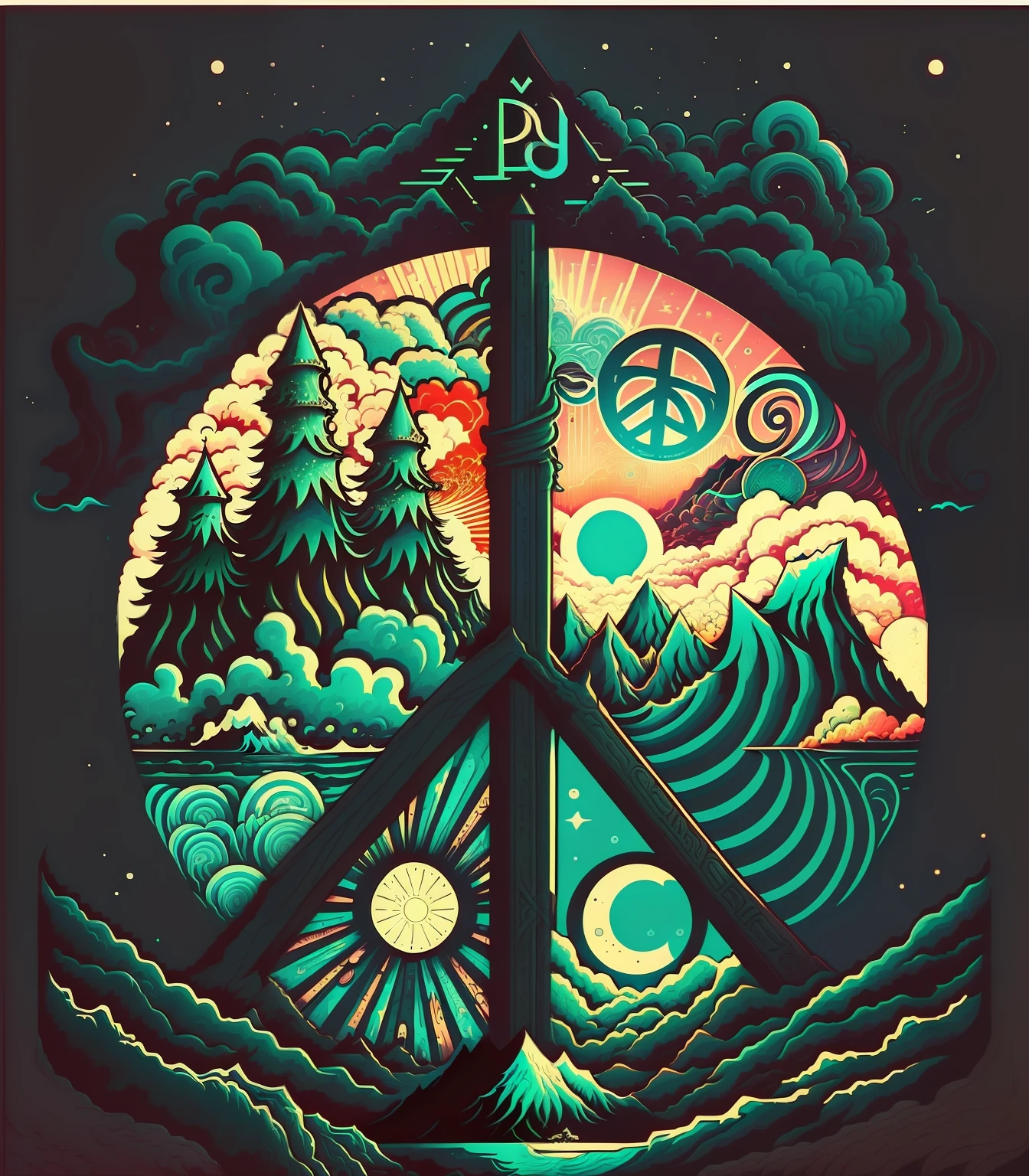 there is a tao sign with a picture of a mountain and ocean, peace, peace sign, psychedelic illustration, peace atmopshere, peace and love, retro psychedelic illustration, psychedelic art style, peacefull, jen bartel, world peace, by Justin Gerard, adobe illustrator art, love peace and unity, peaceful mood, psychedelic landscape, peaceful environment