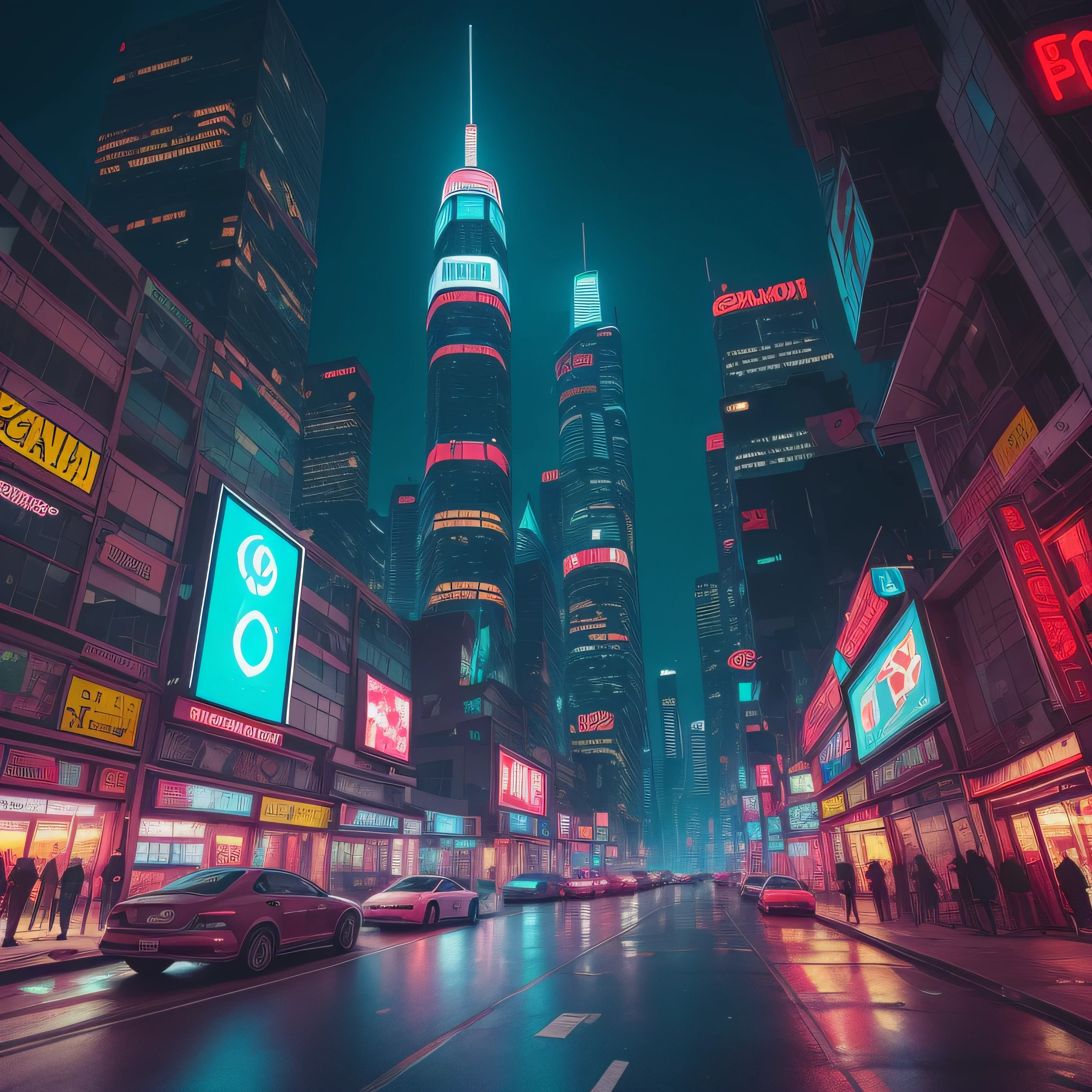 A view of a city street at night with neon signs and cars - SeaArt AI