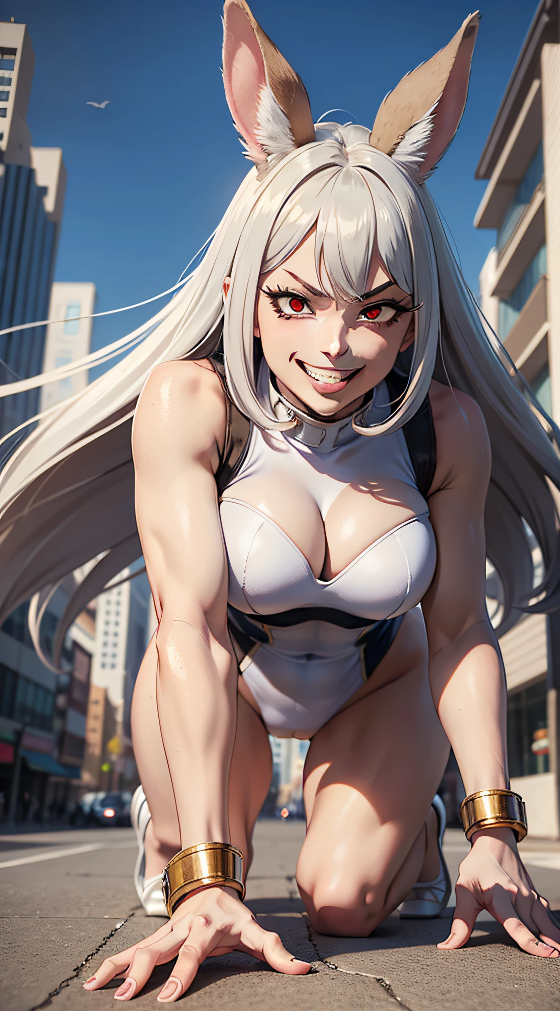 High quality, best rendering), (Beautiful Woman, Mirko, My Hero Academia), muscular body, thick muscular legs, big breasts, silver hair, long straight hair, Sanpaku eyes, red eyes, long rabbit ears, elaborate hair, around the city, one leg raised and kicked up, psychopath, crazy face, glaring at viewers, grinning mouth, white leotard up to the neck, blue edge, heel on the ground and legs spread wide, hands on all fours, center, scale according to dimensions, camel toe, shot from below