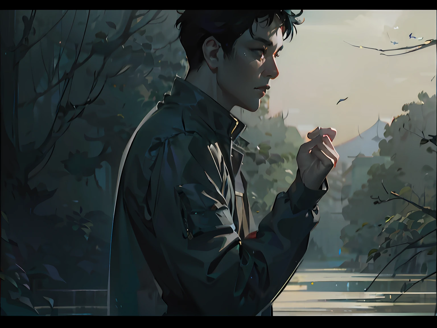There was a man standing in the woods,artwork in the style of guweiz, guweiz masterpiece, guweiz, ross tran and bayard wu, emotional concept art, ross tran style, Ross Tran 8 K, yanjun cheng, wlop painting style, inspired by Fenghua Zhong --auto