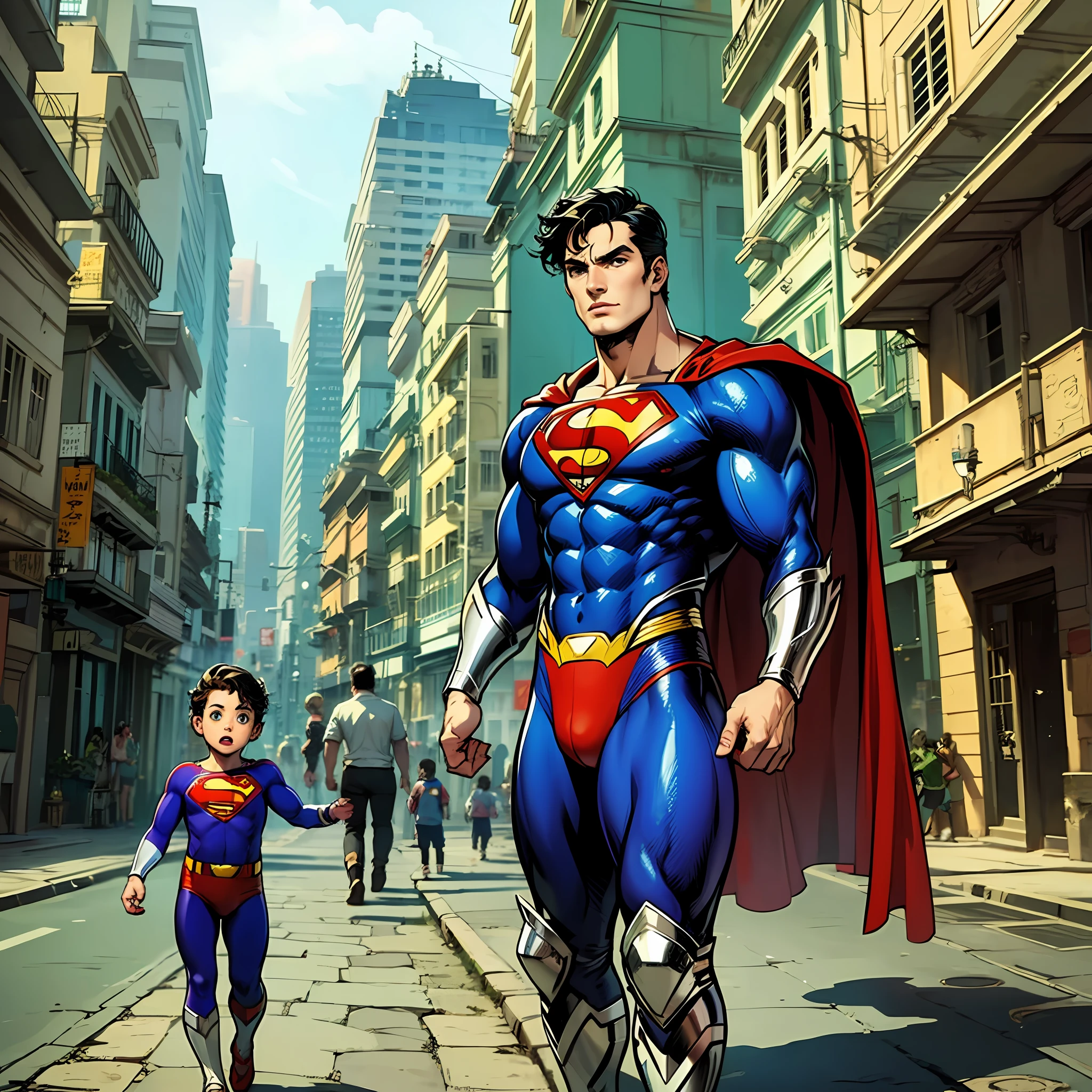 Create the Christopher Reeves de óculos Superman with Brazilian traits, in the setting of Rio de Janeiro, em cores verde e amarelo, with background with children