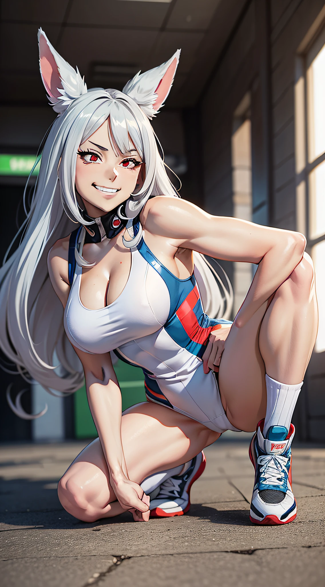 High quality, best rendering), (Beautiful Woman, Mirko, My Hero Academia), muscular body, thick muscular legs, big breasts, silver hair, long straight hair, Sanpaku eyes, red eyes, thin eyebrows, few lashes, rabbit ears with long ears, elaborate hair, all over the city, psychopath, crazy face, glaring at viewers, grinning mouth, Sleeveless white leotard up to the neck, blue edges, blue knee-high socks, high-tech sneakers, squatting with heels on the ground, legs spread wide, hands on all fours, center, scales to fit dimensions, camel toes, shot from below