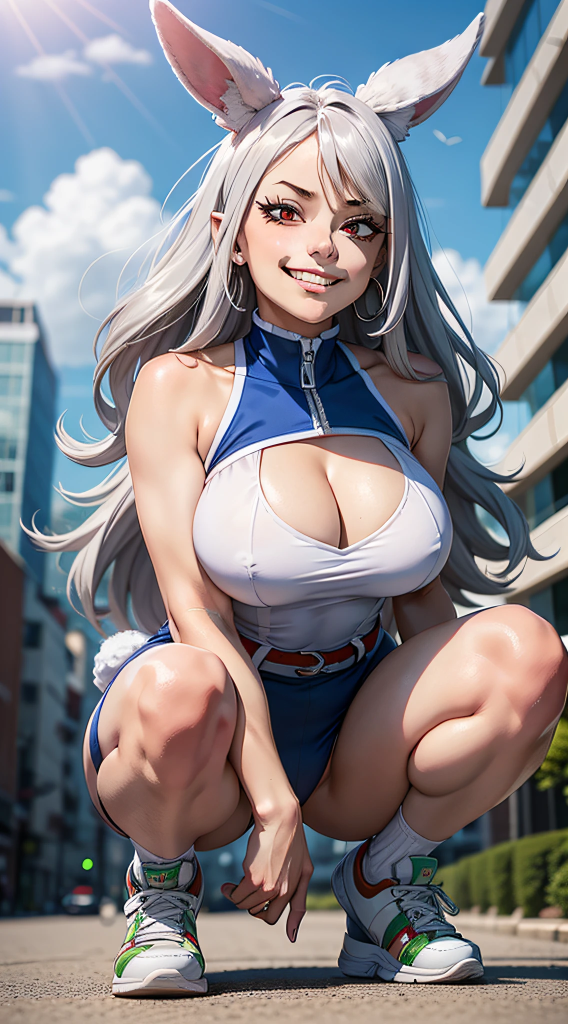 High quality, best rendering), (Beautiful Woman, Mirko, My Hero Academia), muscular body, thick muscular legs, big breasts, silver hair, long straight hair, Sanpaku eyes, red eyes, thin eyebrows, few lashes, rabbit ears with long ears, elaborate hair, all over the city, psychopath, crazy face, glaring at viewers, grinning mouth, Sleeveless white leotard up to the neck, blue edges, blue knee-high socks, high-tech sneakers, squatting with heels on the ground, legs spread wide, hands on all fours, center, scales to fit dimensions, camel toes, shot from below