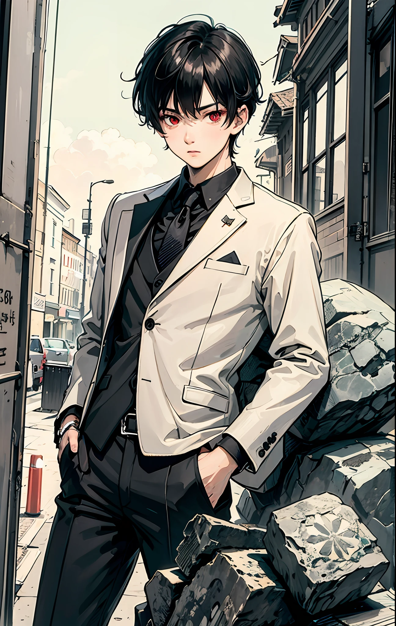 A boy, stony, wearing suit, black hair, red eyes, cool boy