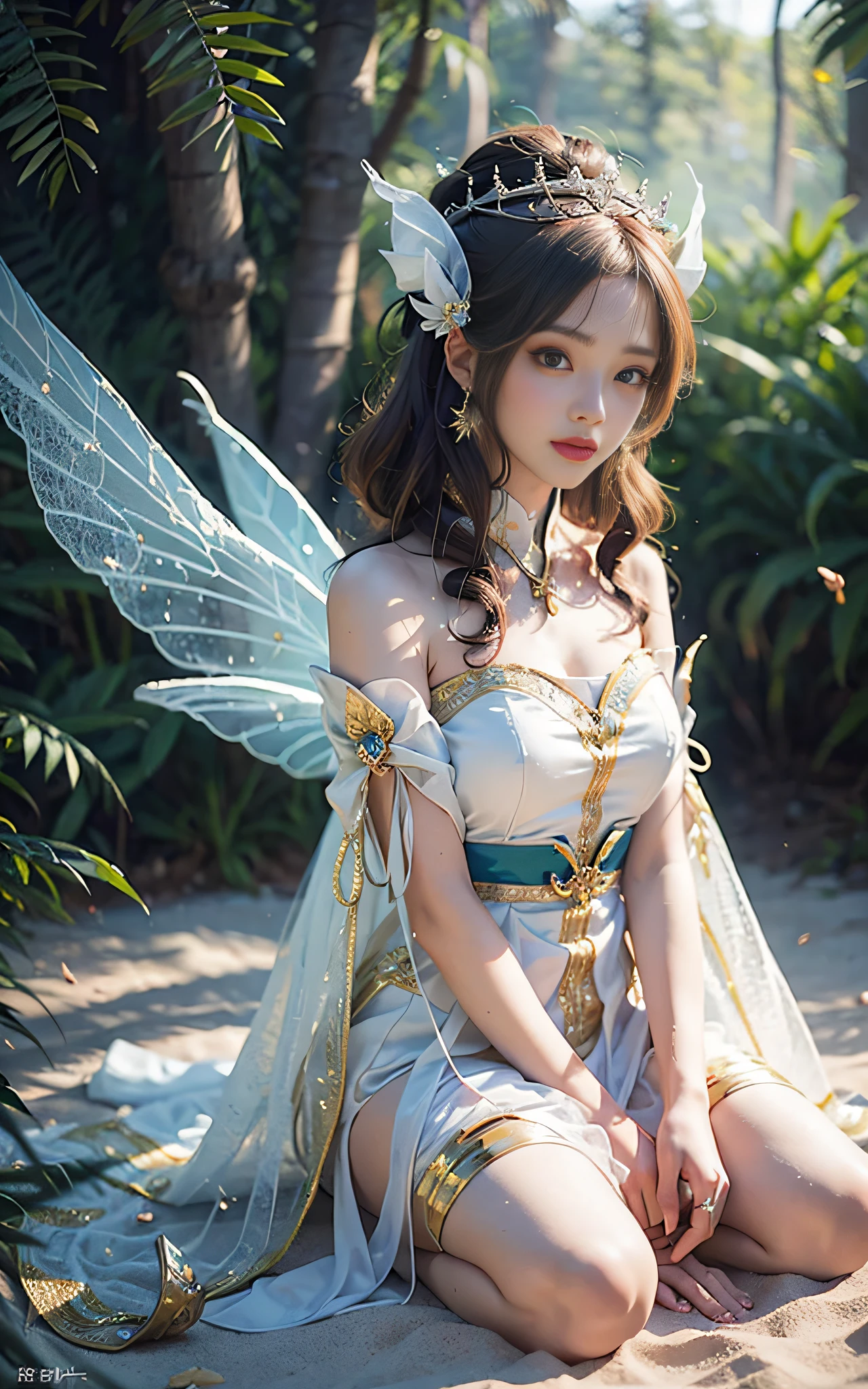 Close-up of women in costumes on stage, full body fairy, beautiful celestial mage, stunning young ethereal characters, beautiful fantasy queen, astral witch costume, sand stream, flowing magic robe, white Hanfu, fairy fantasy, beauty Delfin, ethereal fantasy, elegant and charming cosplay, Hirase Jinyao, sitting on the ground, charming and colorful, very coquettish