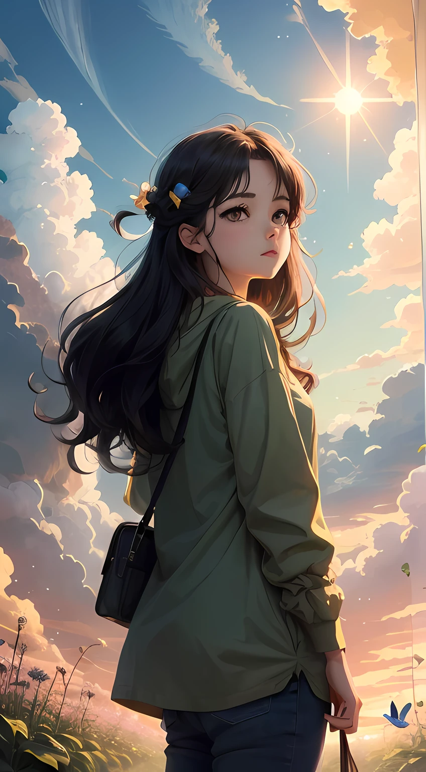 Lilywomen,withlongbrownhair,wearinggreenclothes,AwhimsicalsceneofLilysurroundedbyaswirlingcloudoffairies,closingeyes,theirwingsshimmeringinthelightofthesettingsun,animestyle,plentyofdetails,vector,4K,widepicture,completescene.