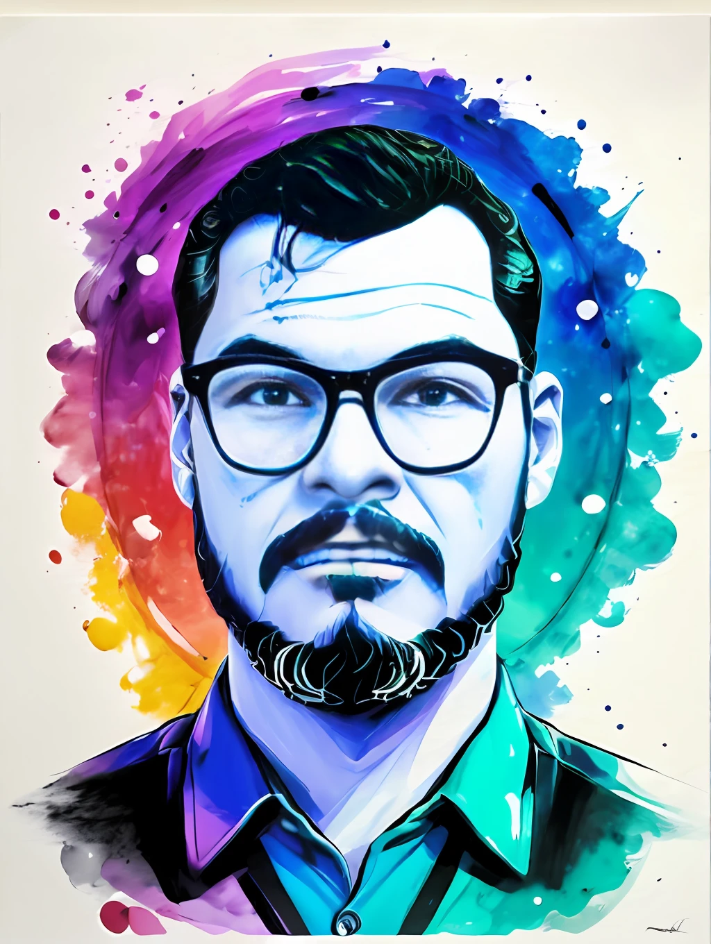 guttonerdvision6, arte, Estilo Fortnite, cartaz retrato, (fundo branco)), Man in glasses. Estilo respingo de tinta Coloful, contorno, hiperdetalhado intrincadamente detalhado, Motor irreal, fantastical, detalhes intrincados, tela inicial, cores complementares, artee conceitual de fantasia, 8K resolution, deviantartemasterpiece, oil painting, Golpes pesados, gotejamento de tinta,artees de salpicos