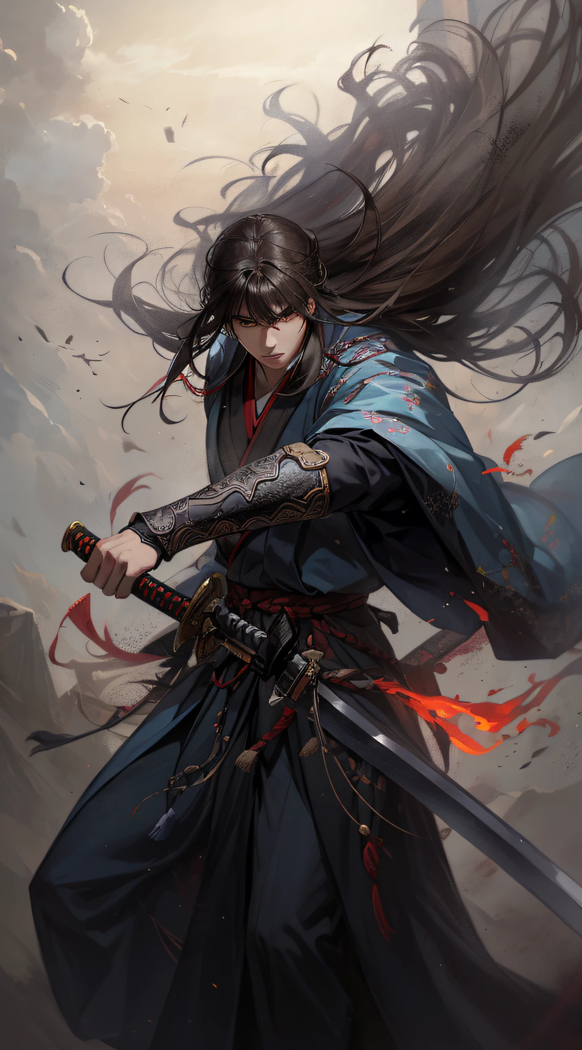 A woman with long hair holding a sword in her hand - SeaArt AI