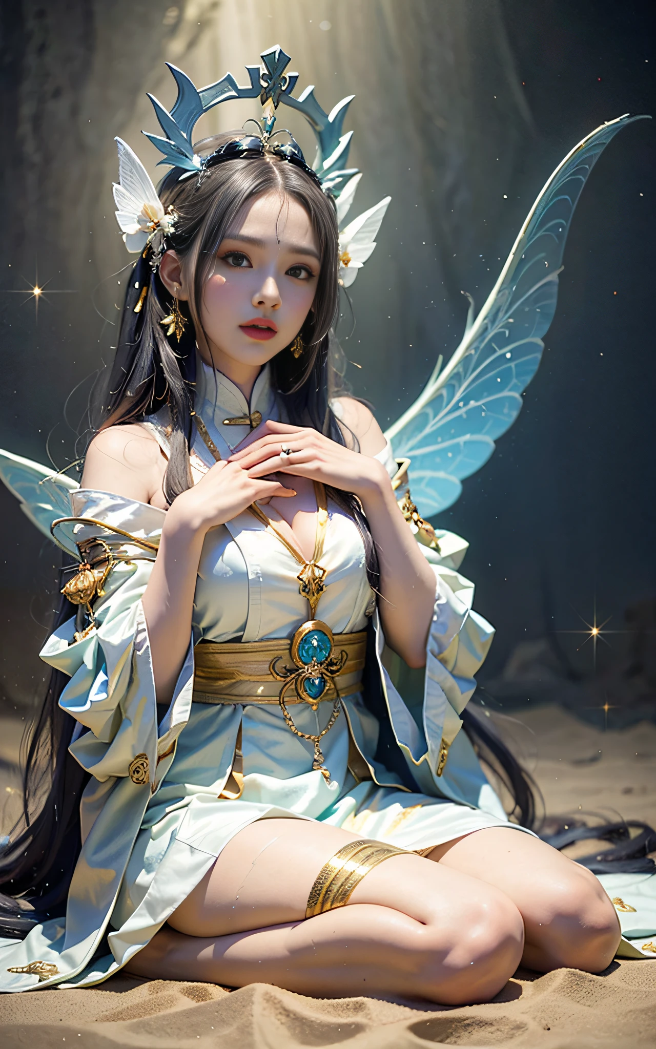 Close-up of women in costumes on stage, full body fairy, beautiful celestial mage, stunning young ethereal characters, beautiful fantasy queen, astral witch costume, sand stream, flowing magic robe, white Hanfu, fairy fantasy, beauty Delfin, ethereal fantasy, elegant and charming cosplay, Hirase Jinyao, sitting on the ground, charming and colorful, very coquettish