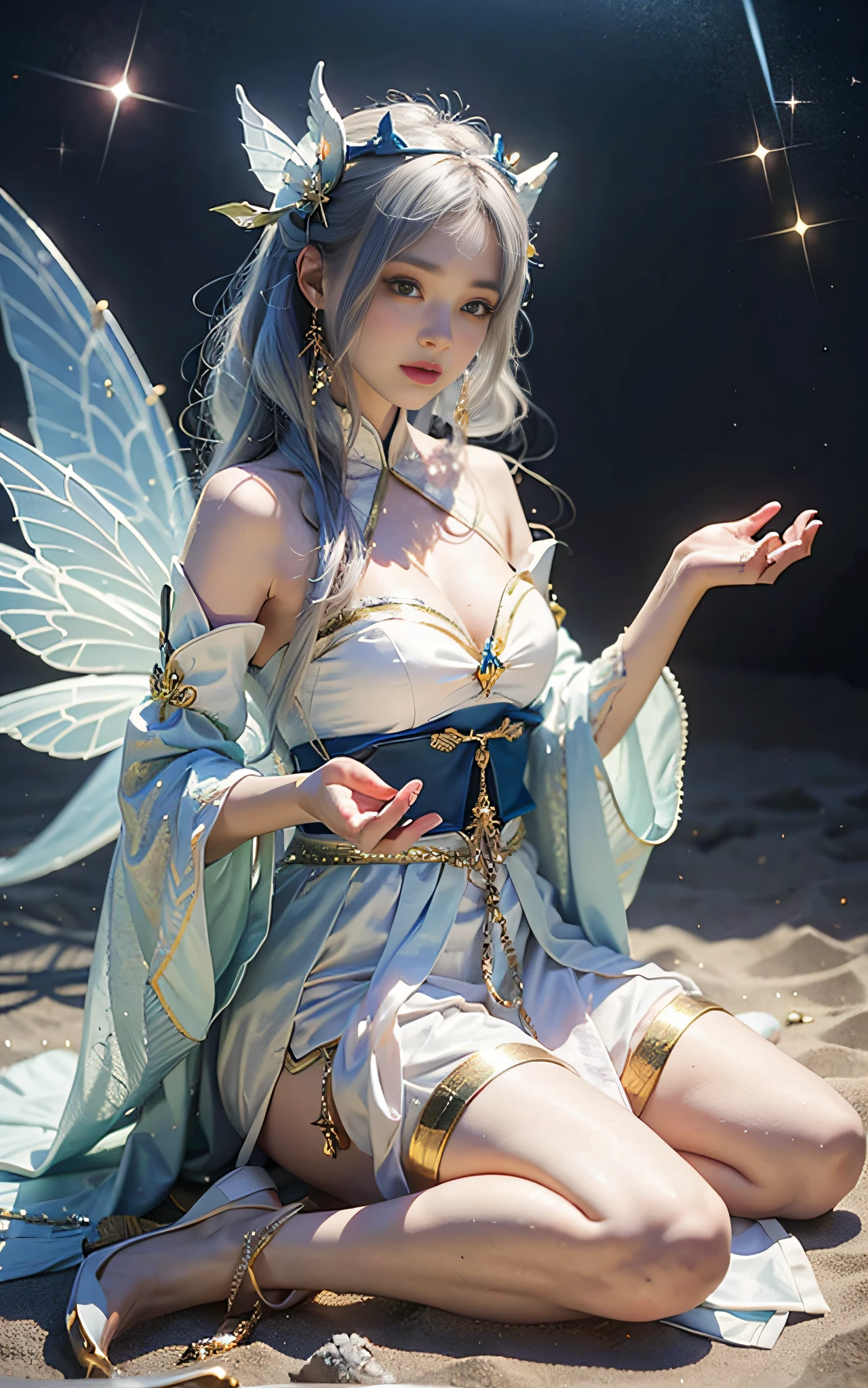 Close-up of women in costumes on stage, full body fairy, beautiful celestial mage, stunning young ethereal characters, beautiful fantasy queen, astral witch costume, sand stream, flowing magic robe, white Hanfu, fairy fantasy, beauty Delfin, ethereal fantasy, elegant and charming cosplay, Hirase Jinyao, sitting on the ground, charming and colorful, very coquettish