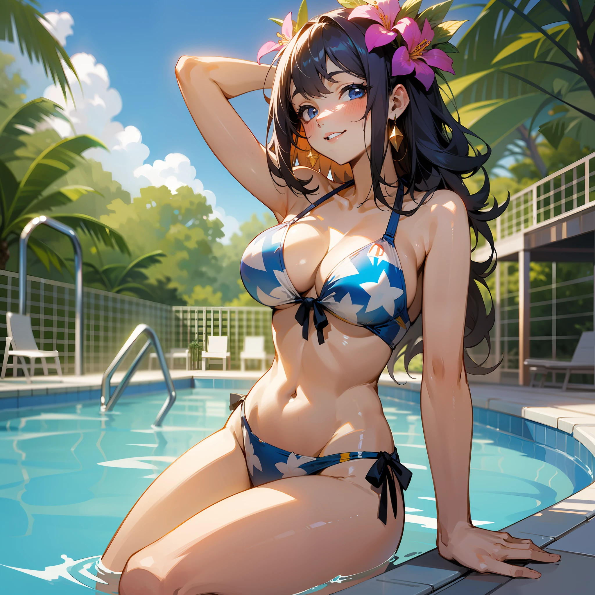 a cartoon girls posing on a pool in a swimsuit wearing a bikini and holding on to a bar of soap, 1 girl, swimsuit, solo, breasts, bikini, hair ornament, long hair, navel, looking at viewer, pool, string of flags, smile, blue eyes, cleavage, bangs, water, stomach, outdoors, bare shoulders, hair flower, parted lips