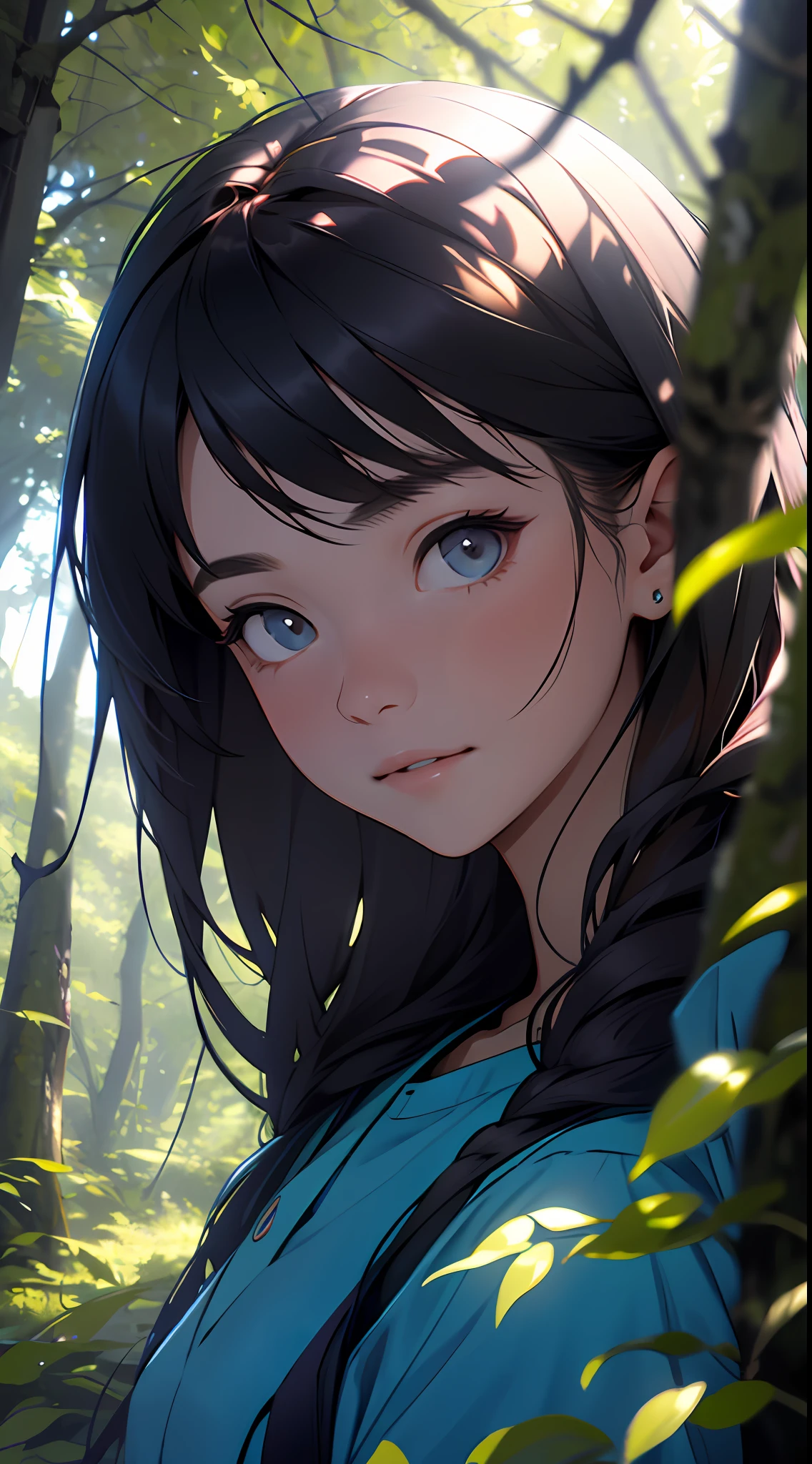 A girl in the forest with sunlight on her face