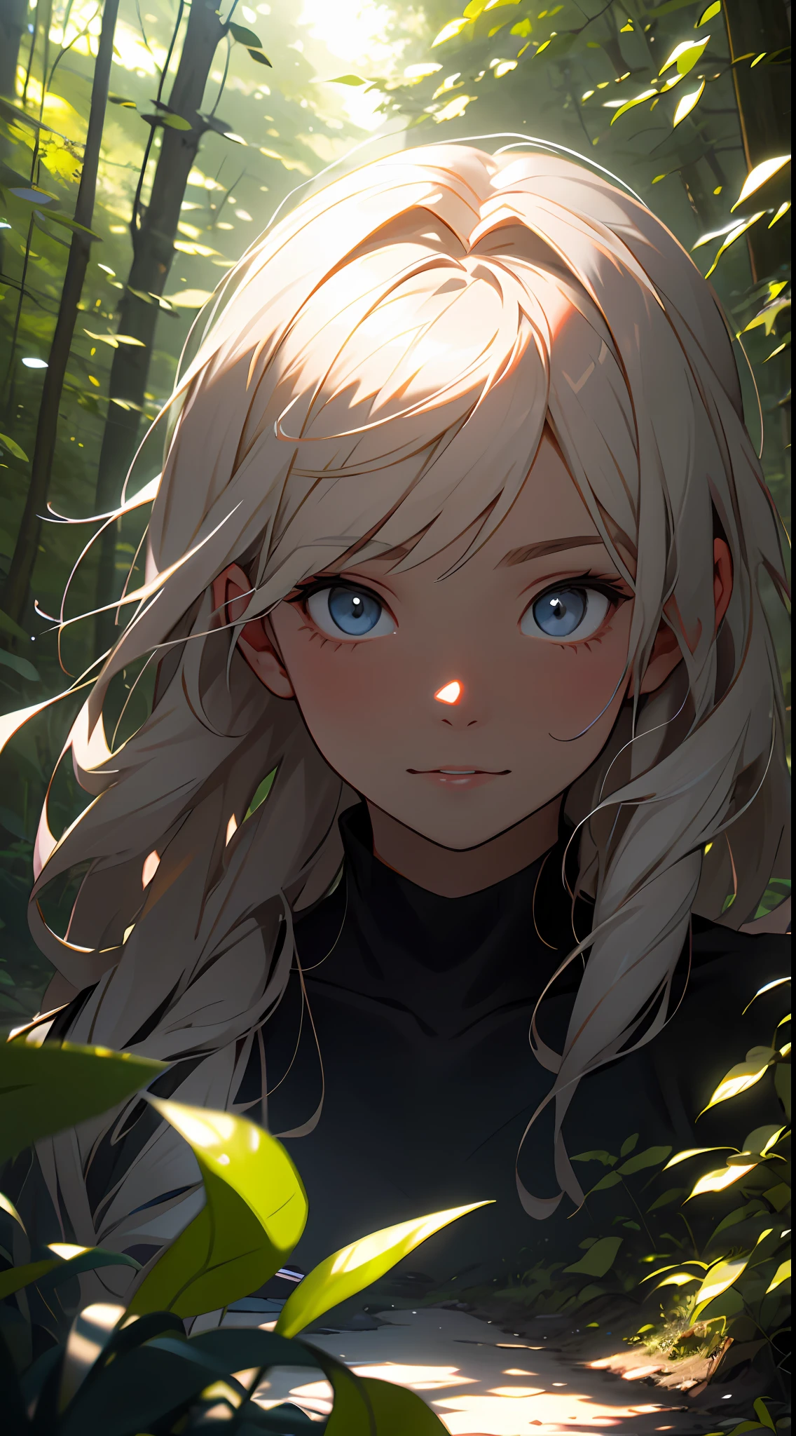 A girl in the forest with sunlight on her face