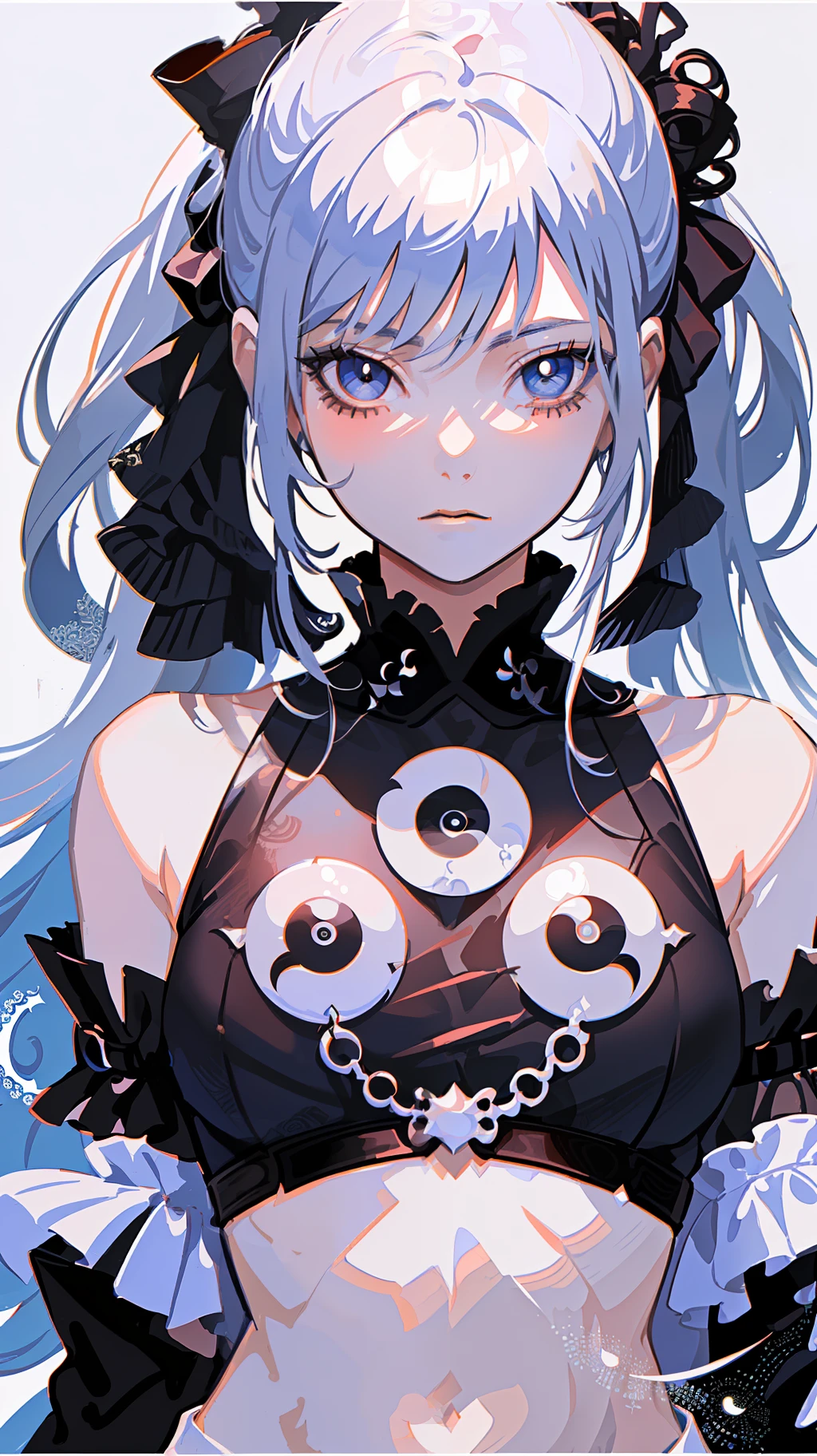cropped torso upper body,high saturation,(((Conceptual art of futuristic yin-yang swordsmen,))),Perfect female body,side_ponytail,white_hair,red_eyes,arms behind back,gothic_lolita,((white background)),((((detailed manga illustration)))),((((intricate detail)))),(((((silhouette))))),