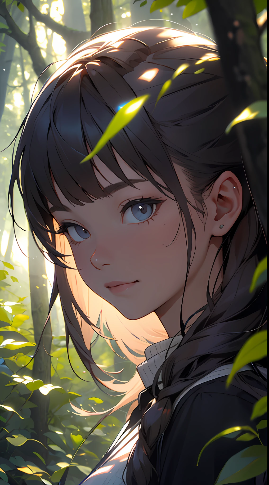 A girl in the forest with sunlight on her face