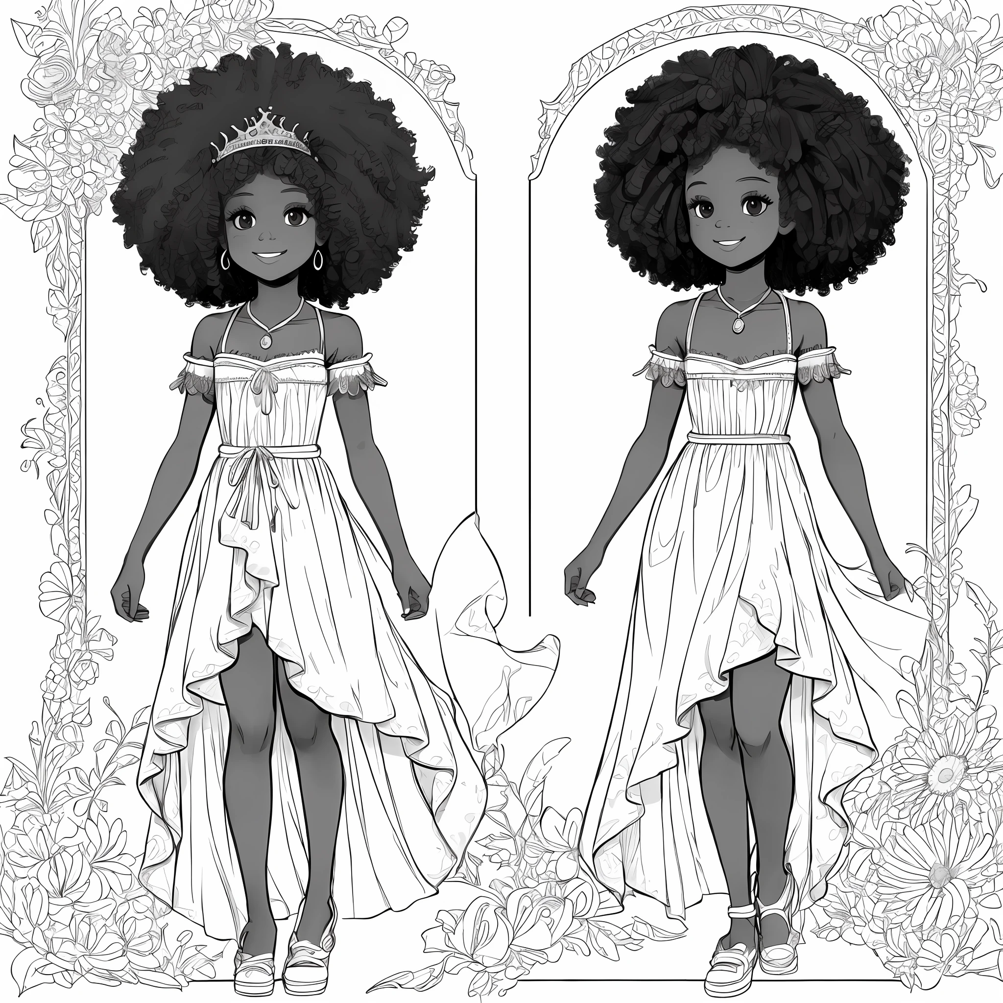 Drawing of a -yeld bl afro princess with curly curly hair tied with a crown on her head (coloring book page) desenho estilo Disney 1970 para colorir sem cor sorrindo obra prima (fundo branco) Simple linear strokes for coloring full body with afro without skin color black and white for a coloring book page with medium hair masterpiece (vestido detalhado) . Variations white dress to color different vistidos without color --auto