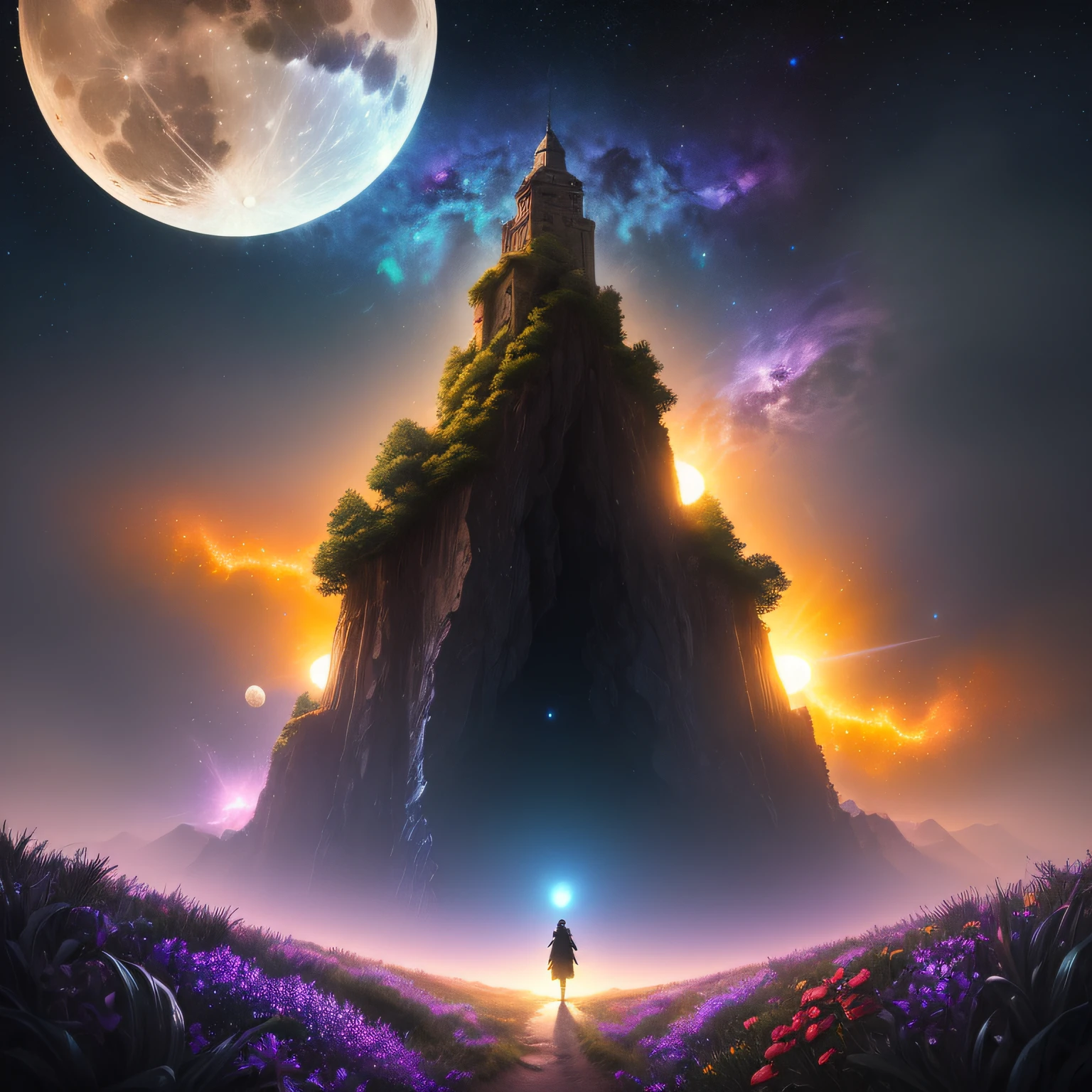 expansive landscape photograph , (a view from below that shows sky above and open field below), a girl standing on flower field looking up, (full moon:1.2), ( shooting stars:0.9), (nebula:1.3), distant mountain, tree BREAK
production art, (warm light source:1.2), (Firefly:1.2), lamp, lot of purple and orange, intricate details, volumetric lighting, realism BREAK
(masterpiece:1.2), (best quality), 4k, ultra-detailed, (dynamic composition:1.4), highly detailed, colorful details,( iridescent colors:1.2), (glowing lighting, atmospheric lighting), dreamy, magical, (solo:1.2)