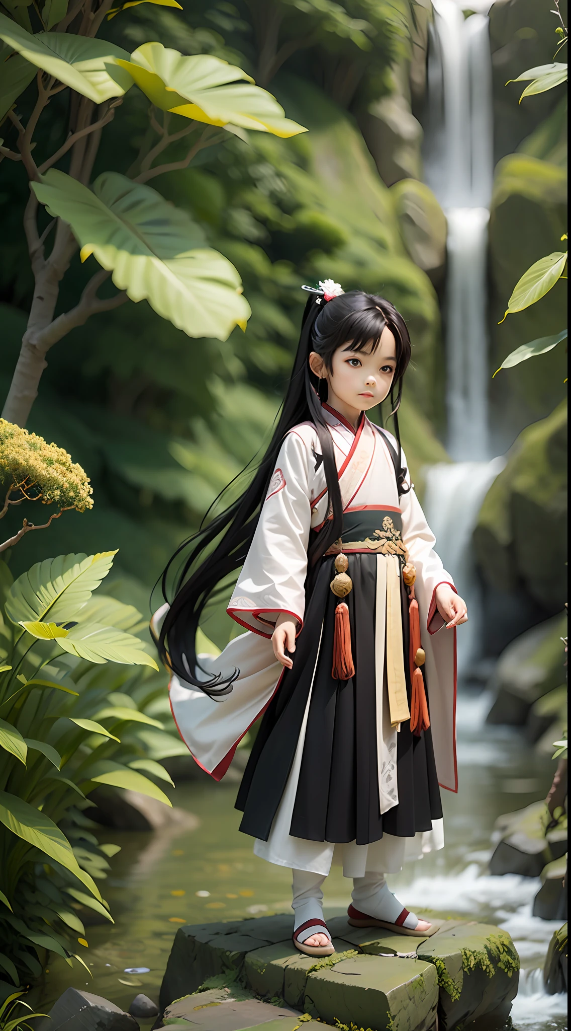 1boy，Ancient Chinese 6-year-old boy，with long black hair，chibi，full body，hanfu，White clothes fluttering，Cliffs and waterfalls in the background，