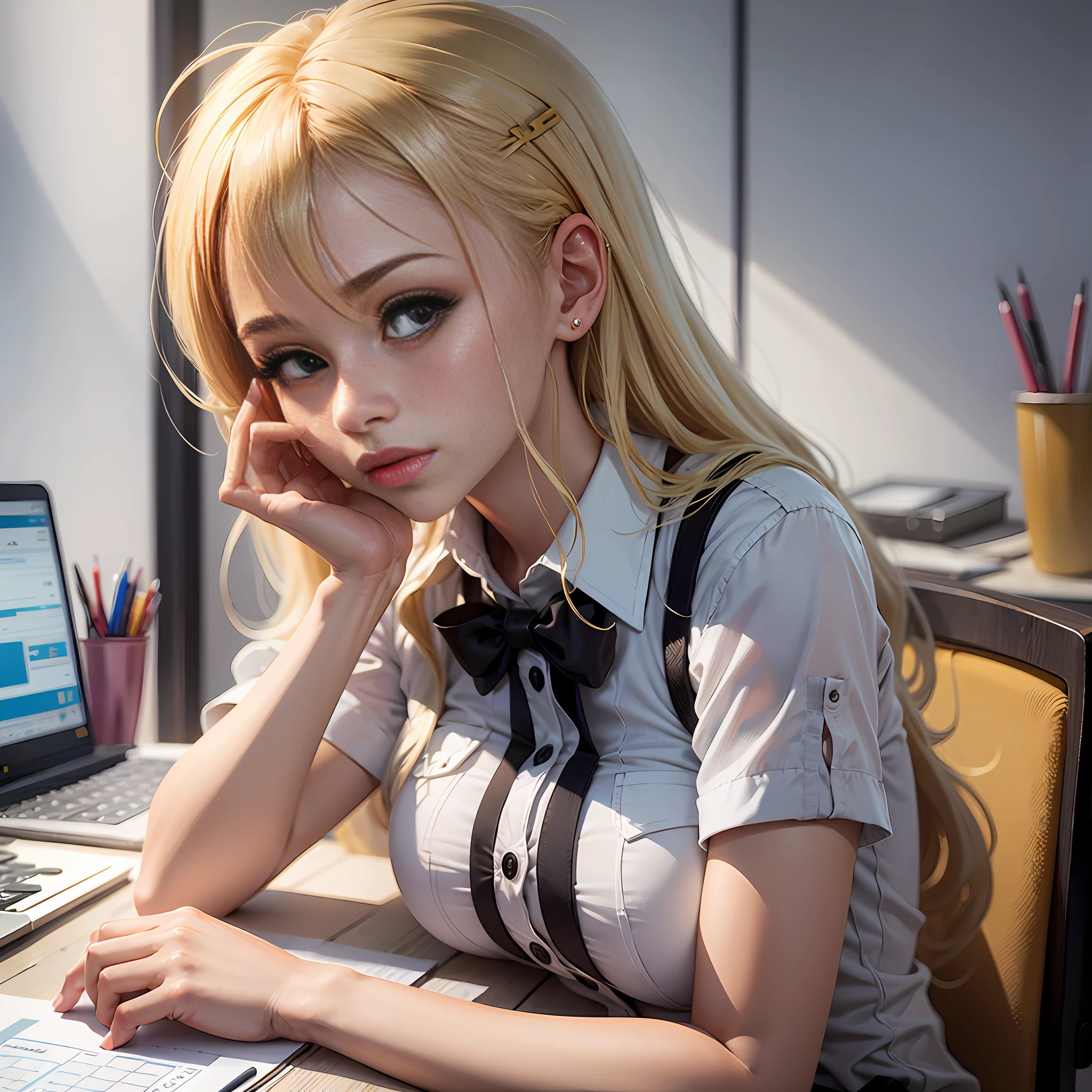there is a woman blonde and gray ayes, sitting at a table with a laptop, photorealistic anime girl render, realistic anime 3 d style, cinematic bust shot, render of a cute 3d anime girl, render of april, anime cgi style, hyperrealistic schoolgirl, cinematic close-up bust shot, a hyperrealistic schoolgirl, semi - realistic render, realistic schoolgirl --auto