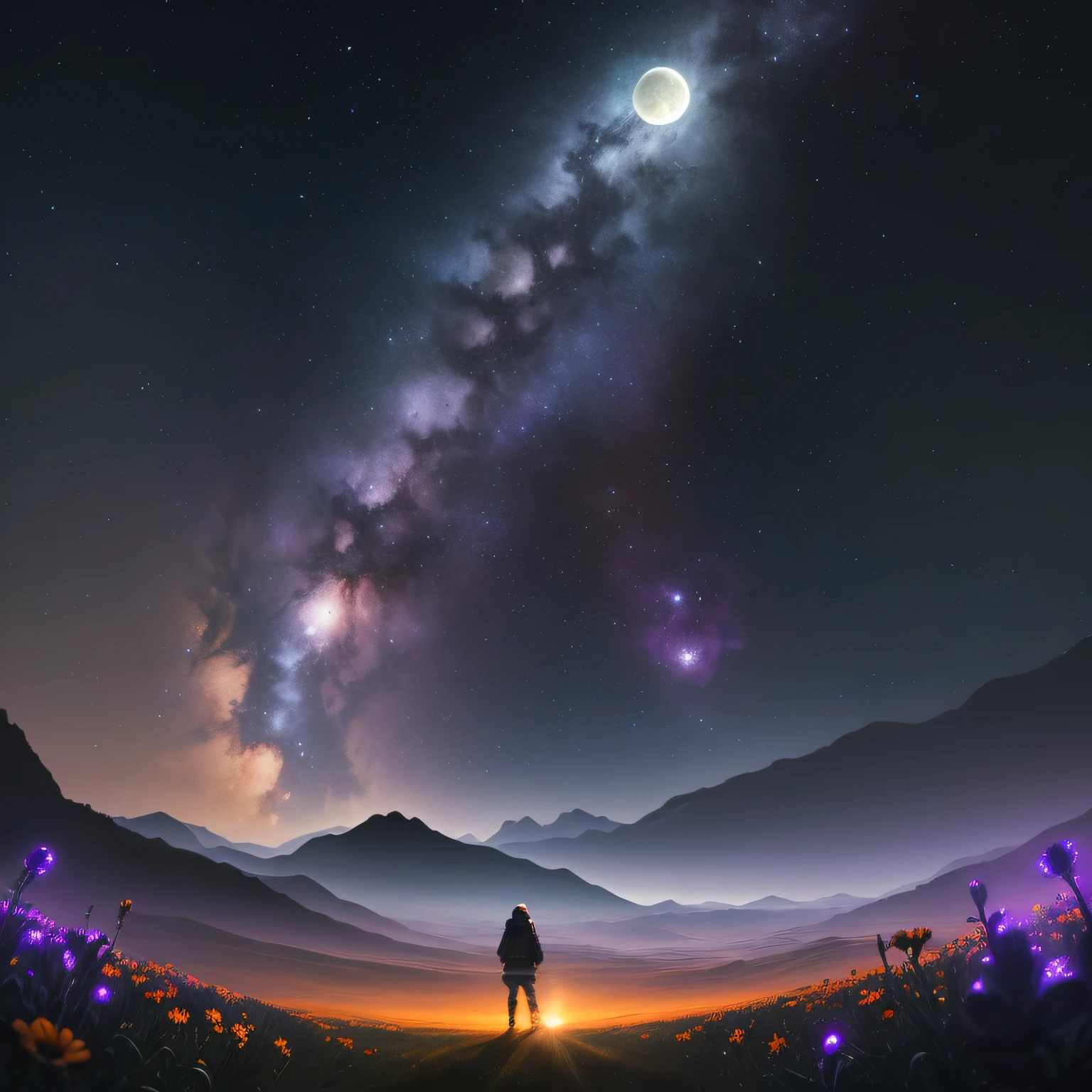 expansive landscape photograph , (a view from below that shows sky above and open field below), a girl standing on flower field looking up, (full moon:1.2), ( shooting stars:0.9), (nebula:1.3), distant mountain, tree BREAK
production art, (warm light source:1.2), (Firefly:1.2), lamp, lot of purple and orange, intricate details, volumetric lighting, realism BREAK
(masterpiece:1.2), (best quality), 4k, ultra-detailed, (dynamic composition:1.4), highly detailed, colorful details,( iridescent colors:1.2), (glowing lighting, atmospheric lighting), dreamy, magical, (solo:1.2)