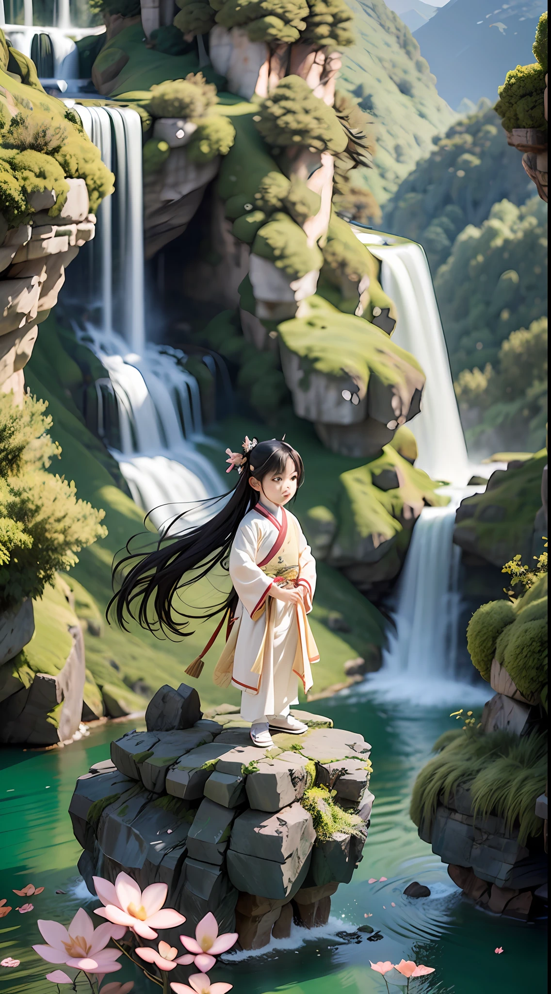 1boy，Ancient Chinese 6-year-old boy，with long black hair，chibi，full body，hanfu，White clothes fluttering，Cliffs and waterfalls in the background，