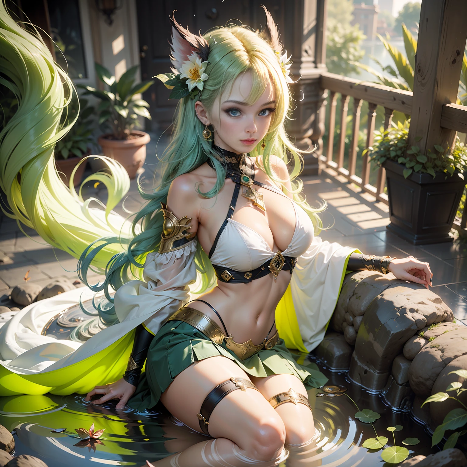master works, resoulution ultra-Highresolution, ahigh details, Higher quality, depth offield, Exquisite Facial Features, perfect face, //masterpiece, Beautiful CG, Delicate and beautiful face, beatyful eyes, Glowing skin, female with, Whole full body, Eyebrows upturned, long-hair, Hair fluttering, Sprite anthropomorphic, green skirt(Like water), Glowing skirt, Gradient hair(White-green gradient), Rich in graphics, Perfect Scale