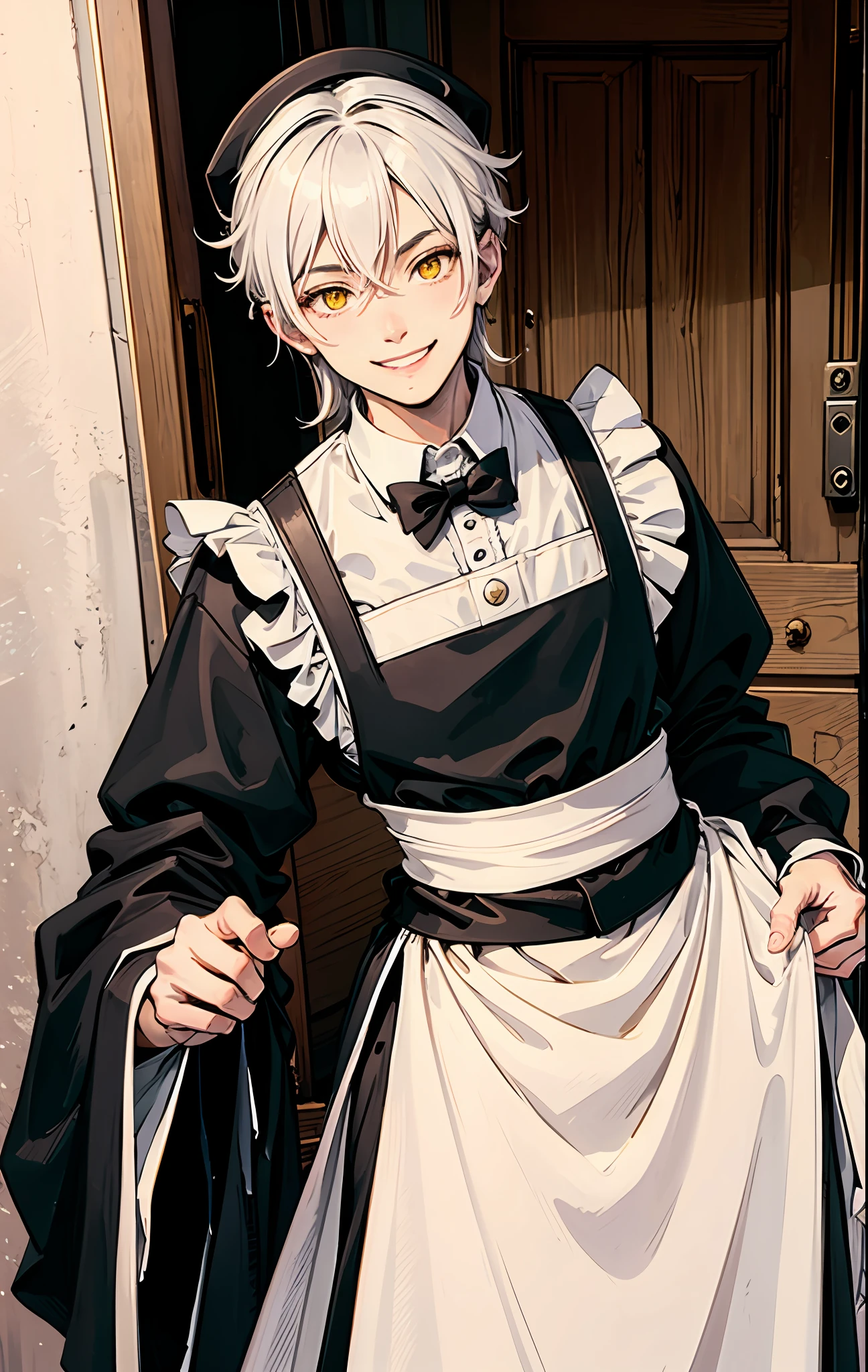 A boy, white hair, yellow eyes, wearing maid, smile