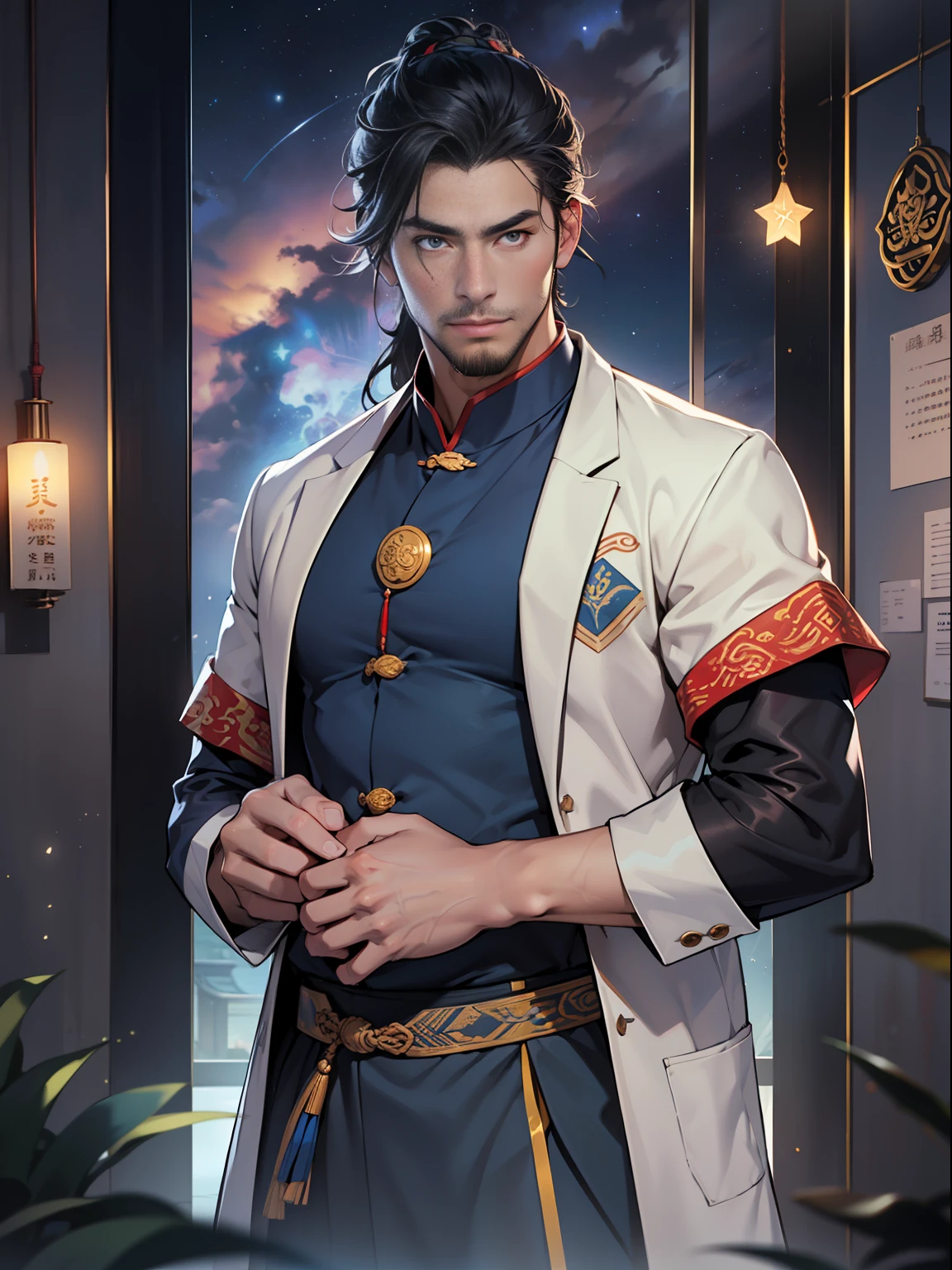 (best quality, masterpiece), (ultra-detailed color), 35 years old handsome Chinese male astrologer Dr. Law-Fei run out of the zodiac totem second house, palace of constellations, surrealism, observatory, professor of Chinese history and philosophy, male bright blue Color Transparent g-strings, big bump, Stubble, Hairy Thighs, Glamorous, HDR, Drama Lighting, Art Station Trends, CGSociety Trends, Professional Photography