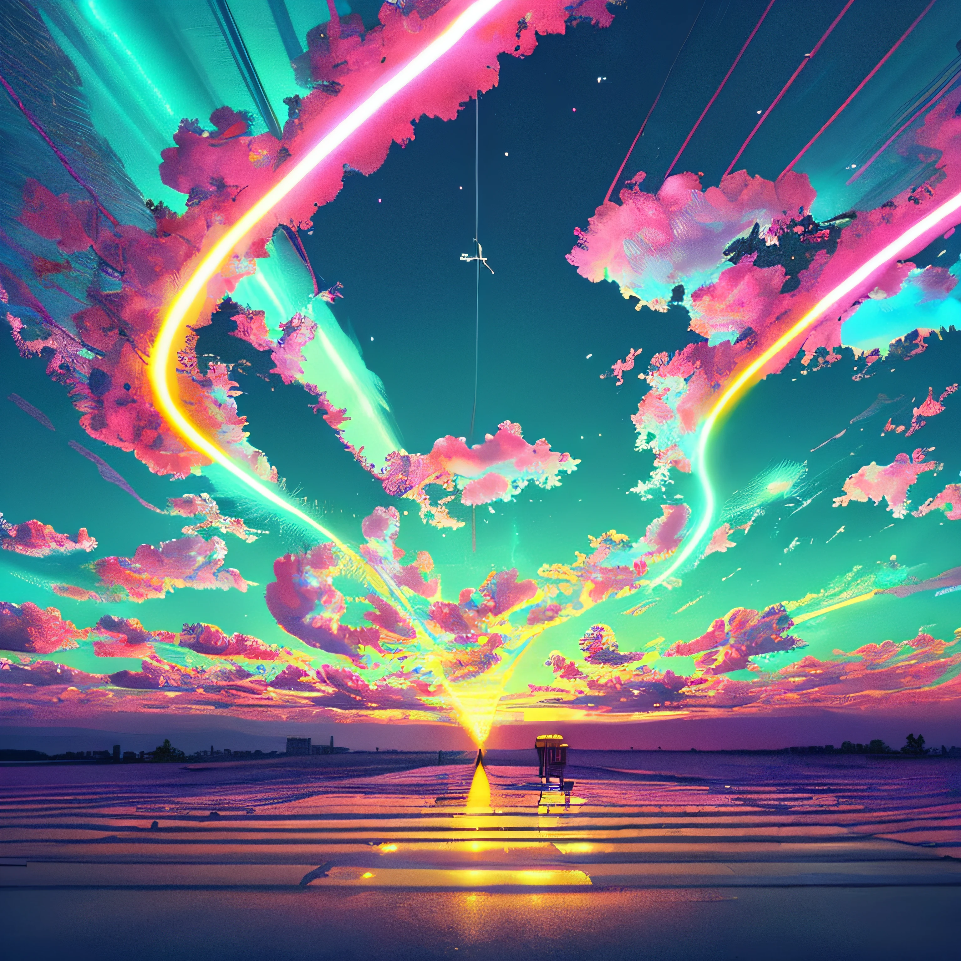 Heaven, if it's cyberpunk, volume, neon, clouds, bright lights, angelic, beautiful landscapes
