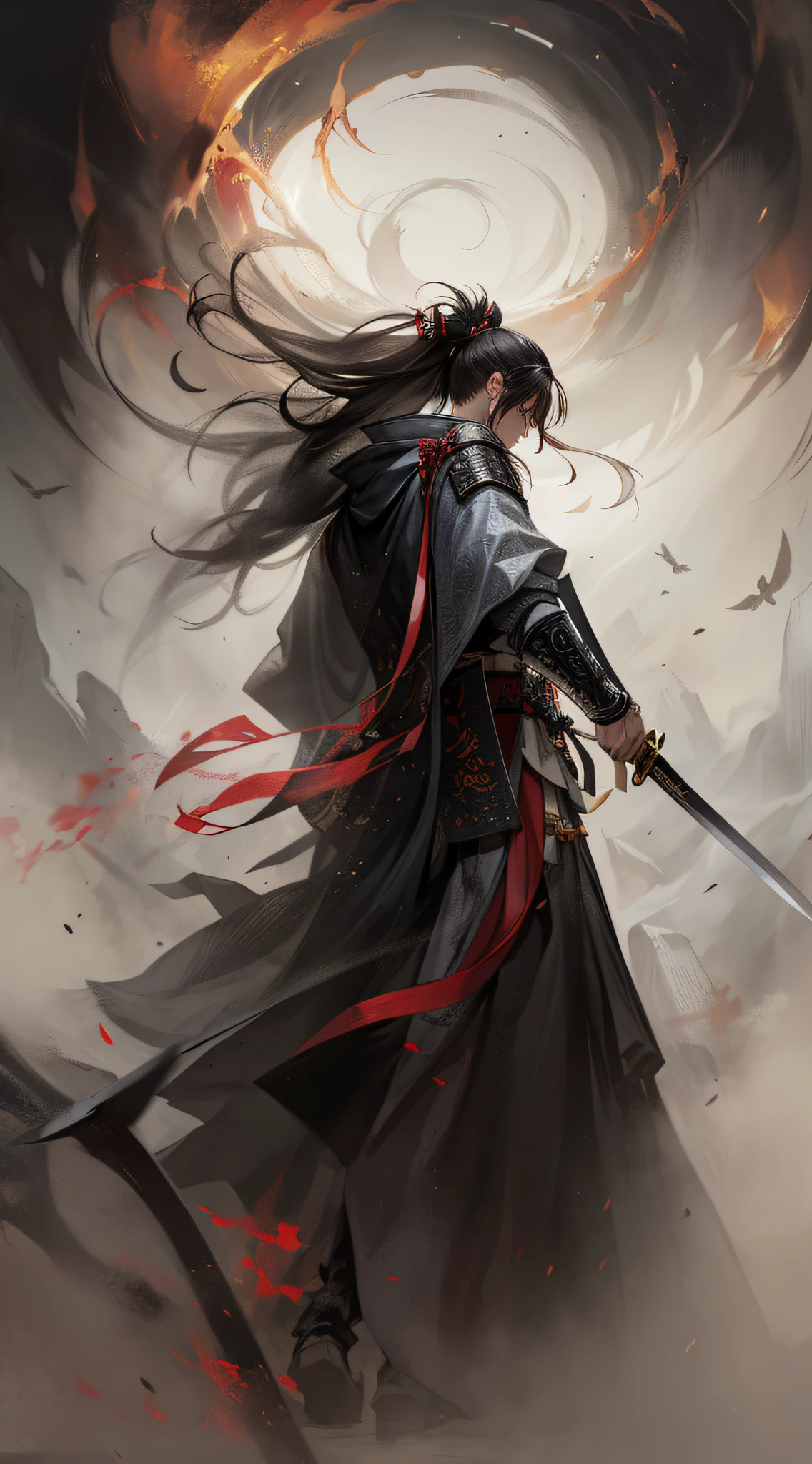 A samurai,long-haired,Hanfu,robe,Sword,Handsome face shape,Lifelike:1.2