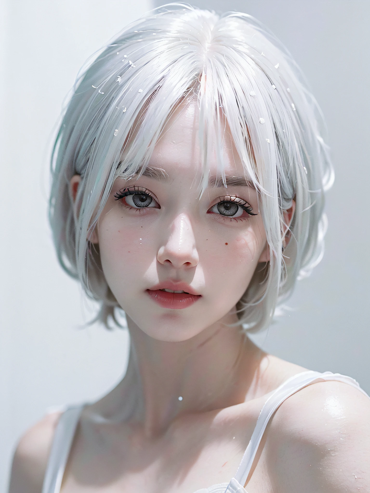 maximum quality、A Masterpiece、hyper high resolution、(photo-realistic:1.5)、RAW photograph、a 1girl、((white-haired:1.5))、((Transparent and pure white skin:1.4))、((Pale white eyes:1.4))、((White eyebrows:1.3))、((White eyelashes:1.3))、offshoulder、A dark、Deep shadows、Unobtrusive、Cold light、Sexy look、Short hair、
