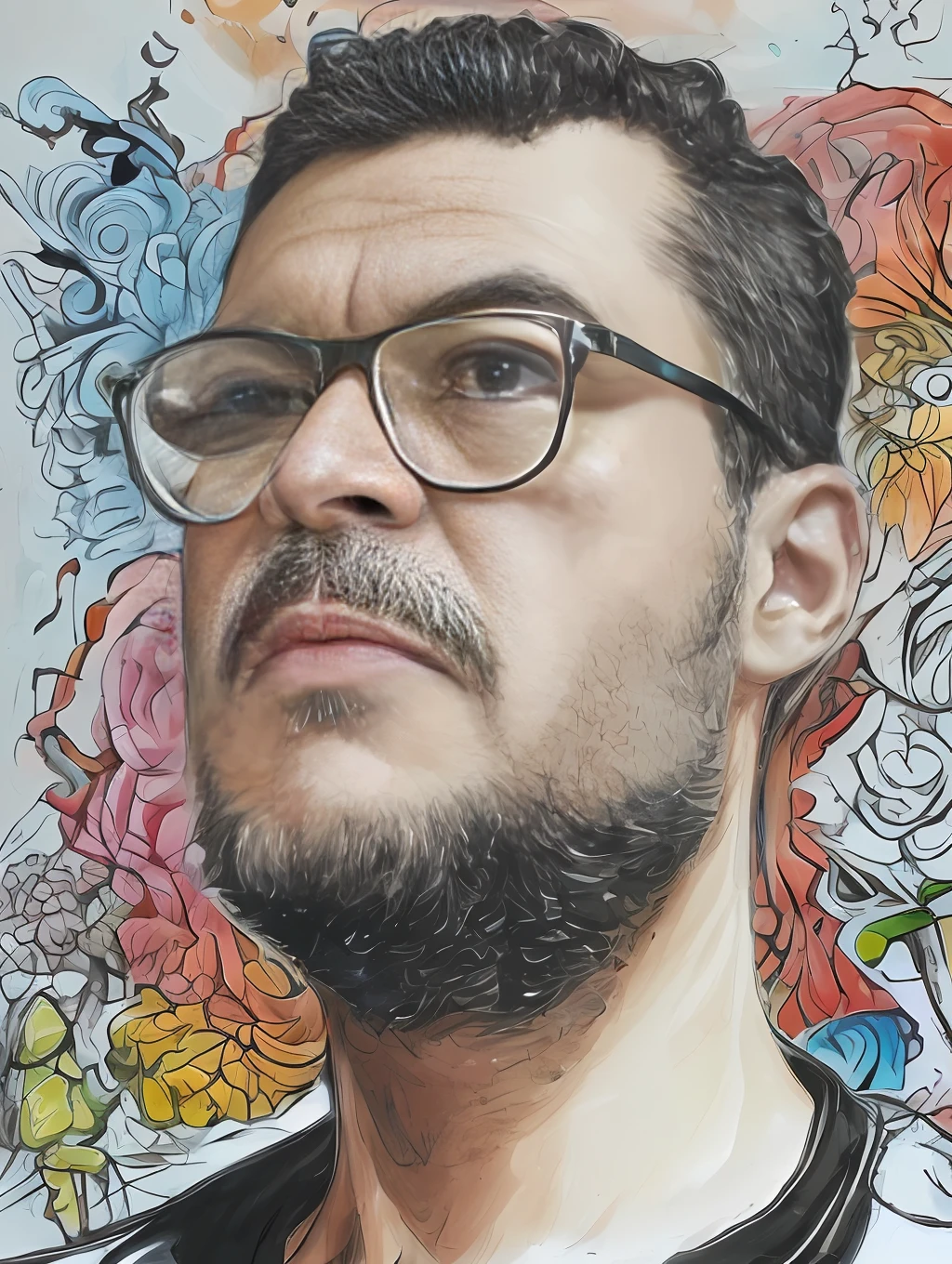 guttonerdvision6, arte, Estilo Fortnite, cartaz retrato, (fundo branco)), Man in glasses. Estilo respingo de tinta Coloful, contorno, hiperdetalhado intrincadamente detalhado, Motor irreal, fantastical, detalhes intrincados, tela inicial, cores complementares, artee conceitual de fantasia, 8K resolution, deviantartemasterpiece, oil painting, Golpes pesados, gotejamento de tinta,artees de salpicos