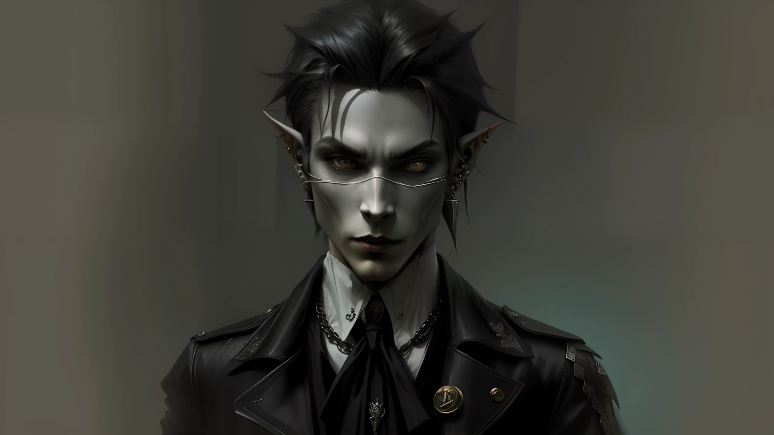 Imagem de um mago com um vestes negras e piercings, androgynous vampire, portrait of a slender elven man, attractive androgynous humanoid, com uma foice nas costas