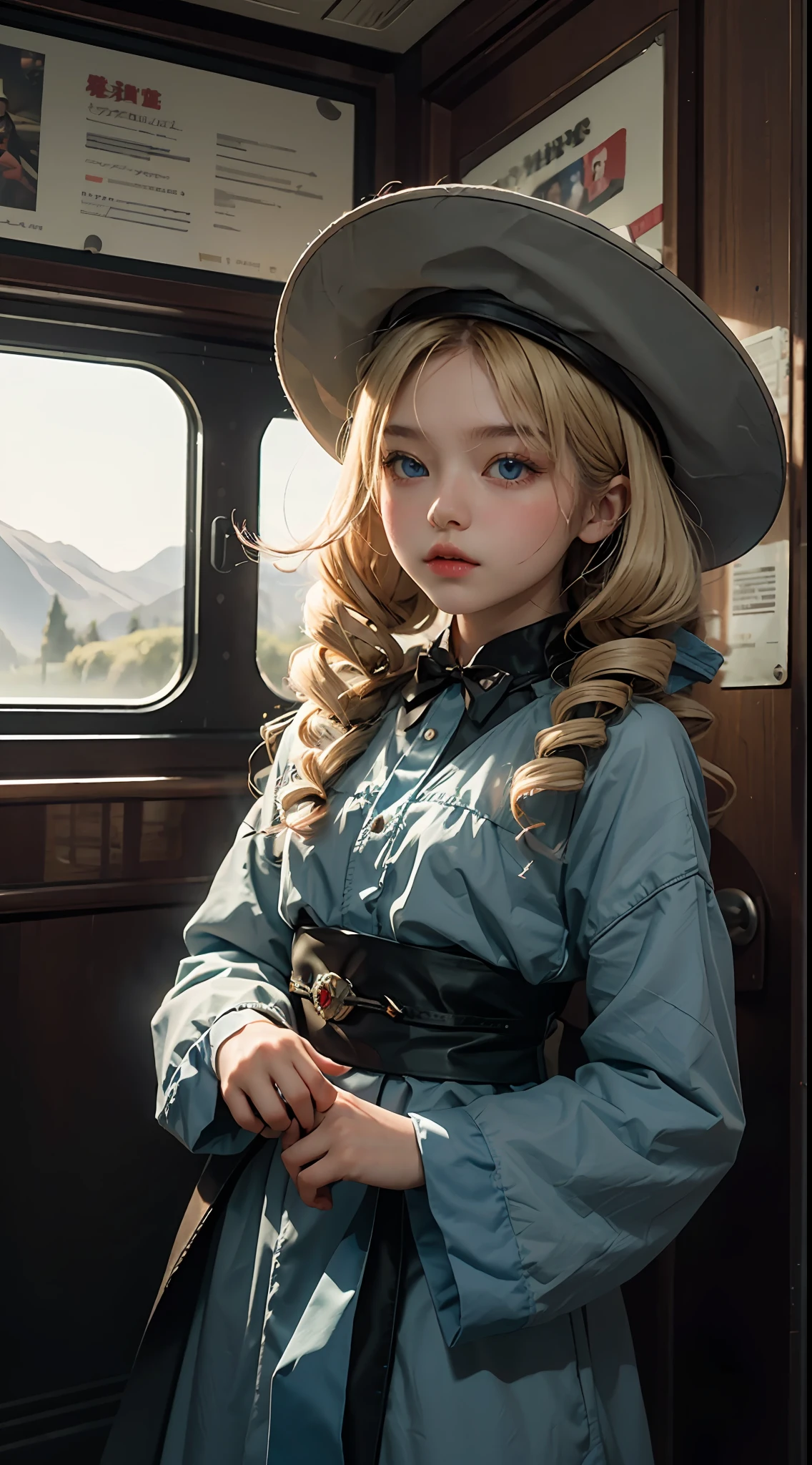 best qualit,Jeizuo,resoulution ultra-Highresolution,(fidelity:1.4),Original photo,Western cowboy hat,sash,Steam trains,1 ,6 years olding,(((twin drills))),blond hair,Blue eyes,