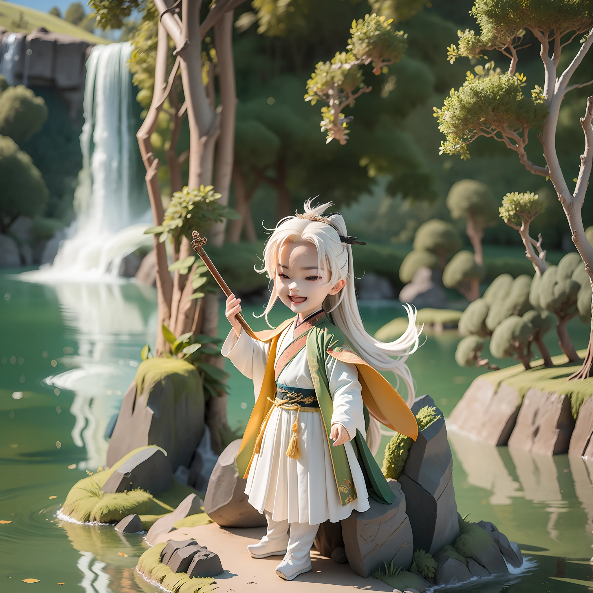 (Masterpiece),(Need),(Super meticulous),(all body:1.2),(1boy,6-year-old Tang dynasty poet Li Bai,white hanfu,Laugh,Cliffs and waterfalls in the background,chibi,full body,